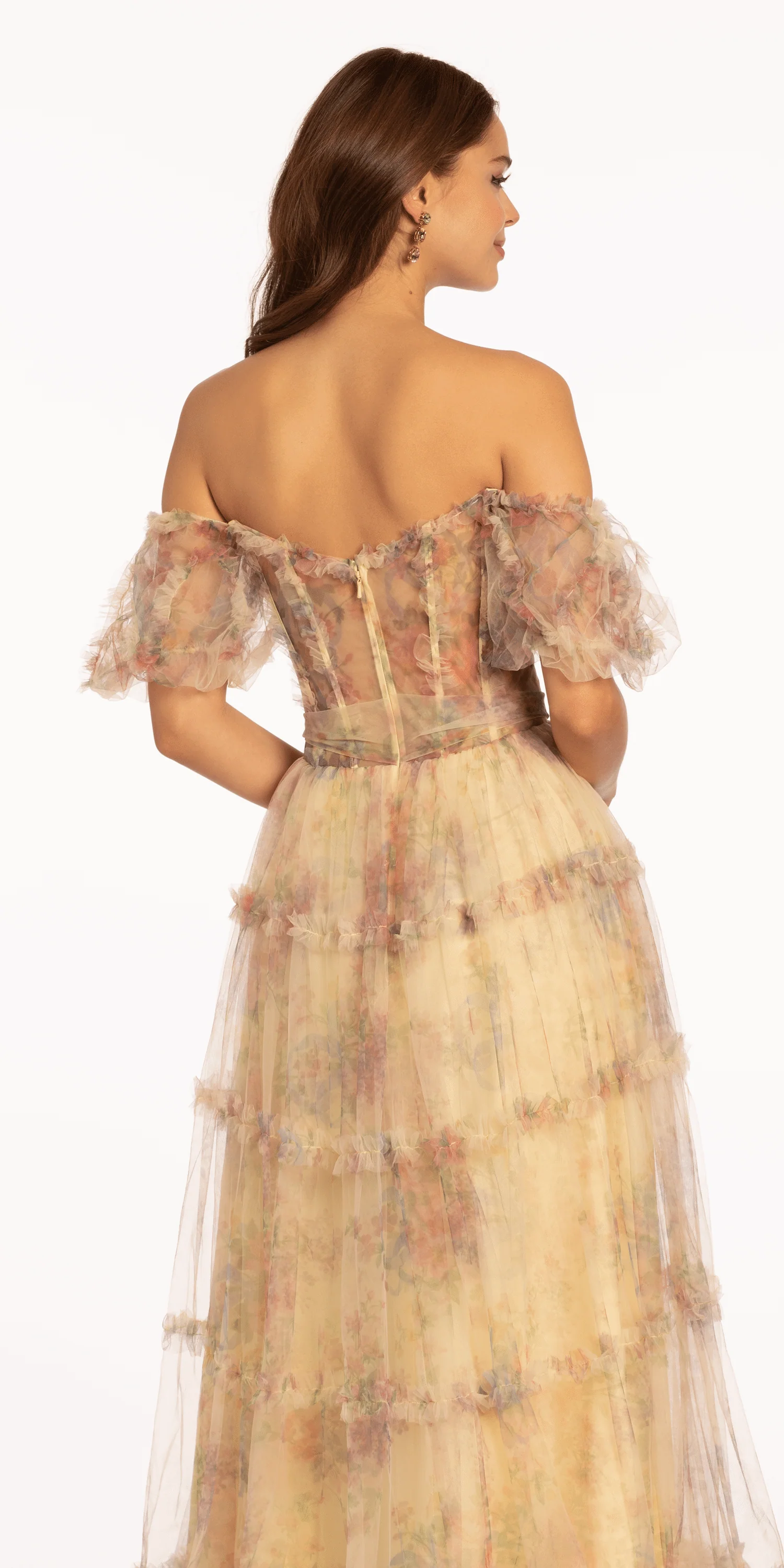 Mesh Puff Sleeve Off the Shoulder Floral Tiered A Line Dress - Image 4