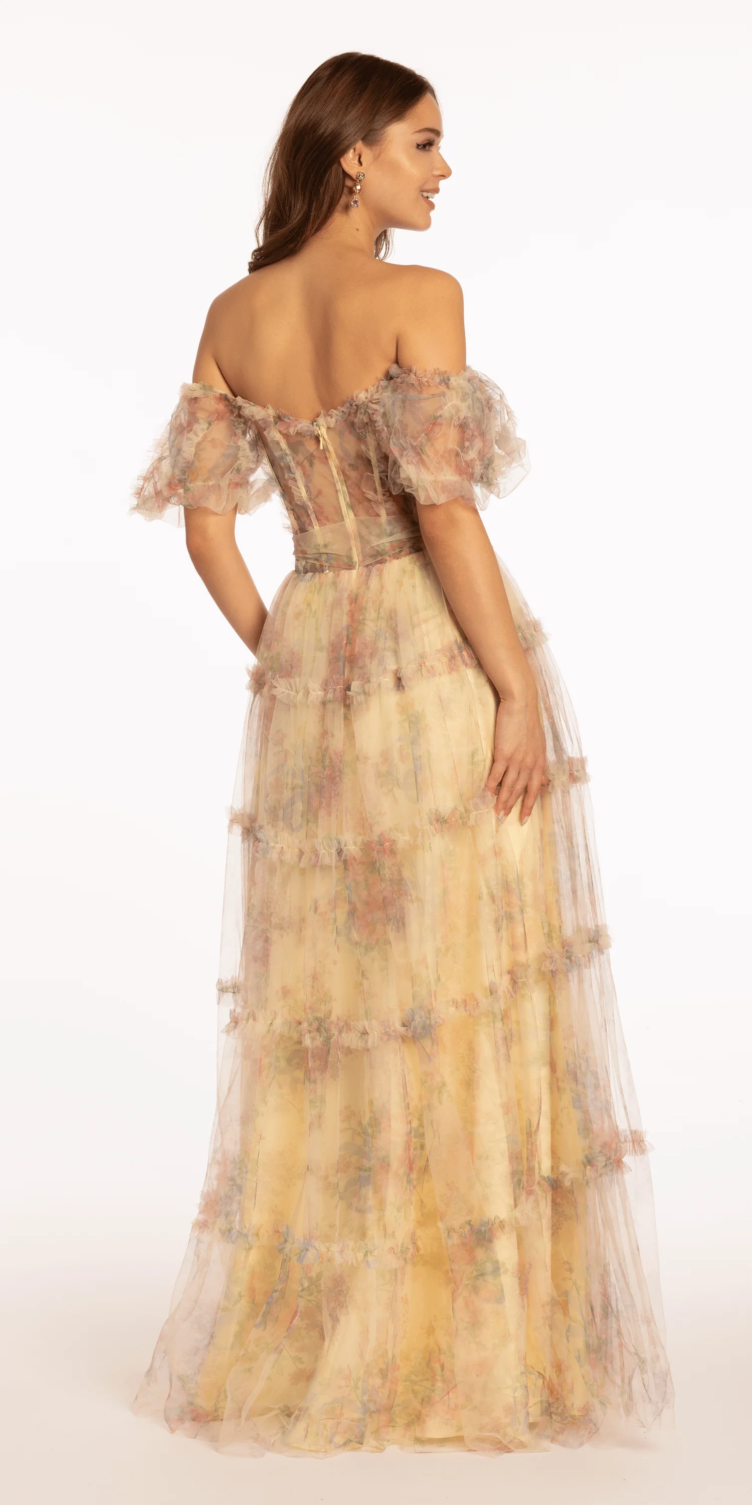 Mesh Puff Sleeve Off the Shoulder Floral Tiered A Line Dress - Image 5