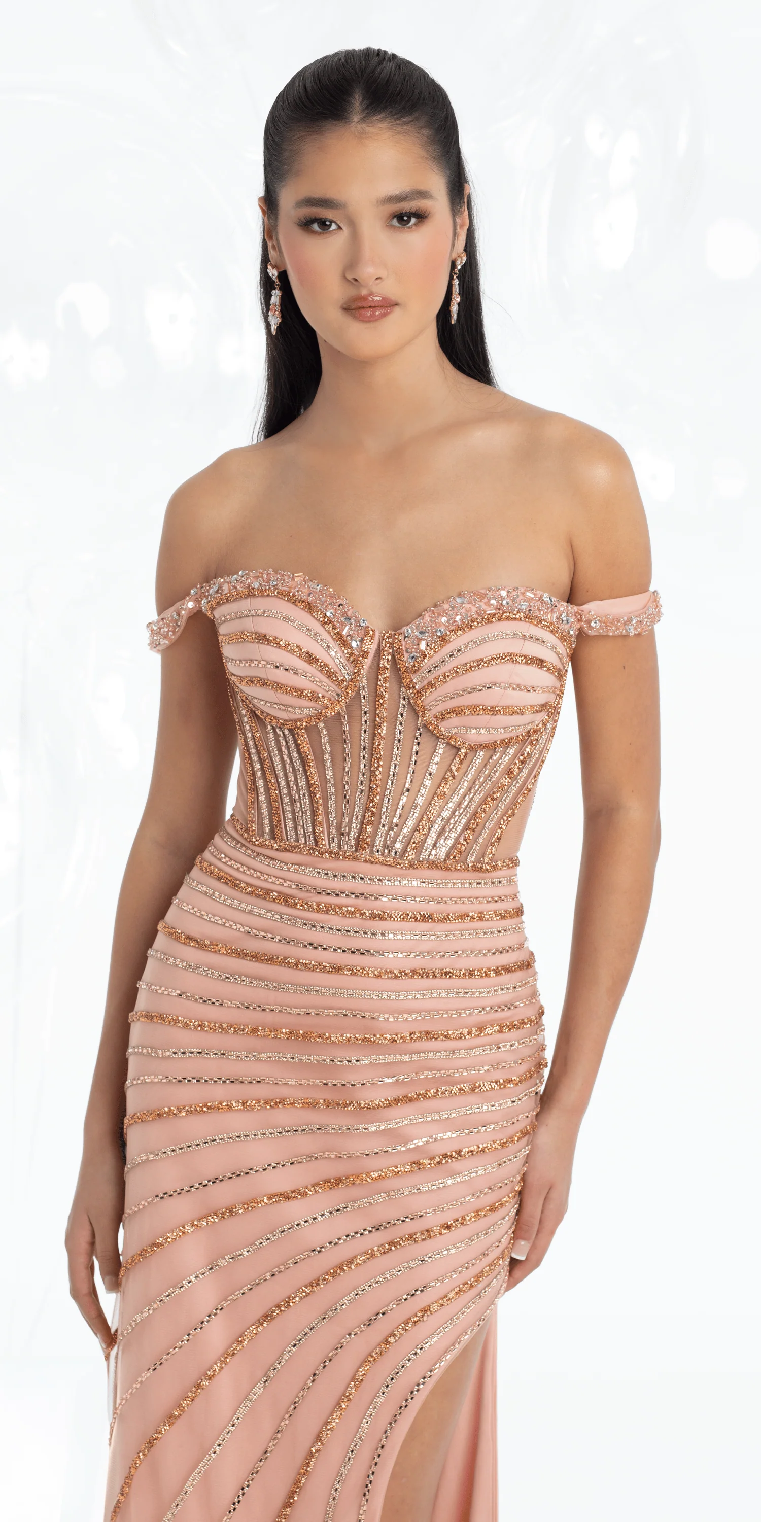 Mesh Rhinestone Linear Stripe Off the Shoulder Trumpet Dress - Image 2