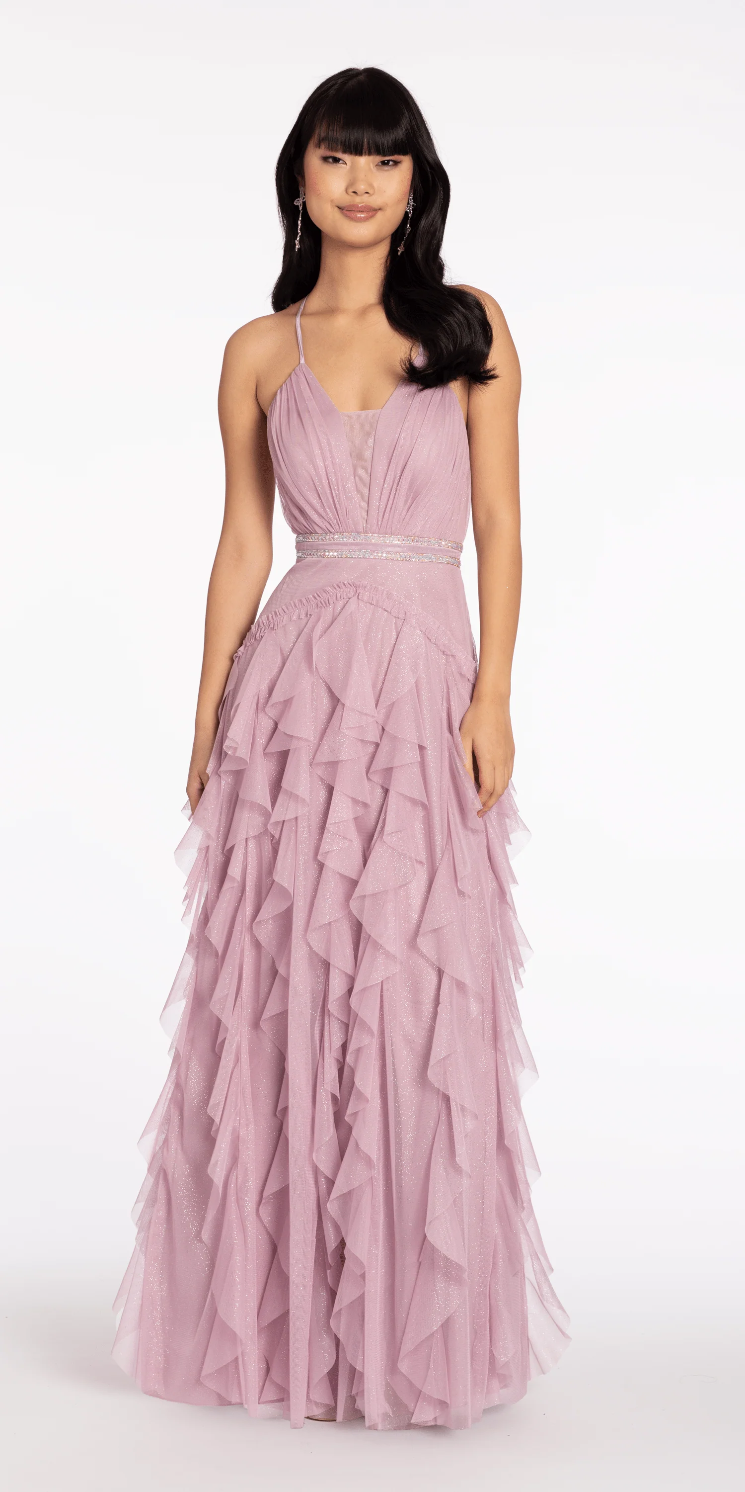 Mesh Strappy Back Halter Tiered Ballgown