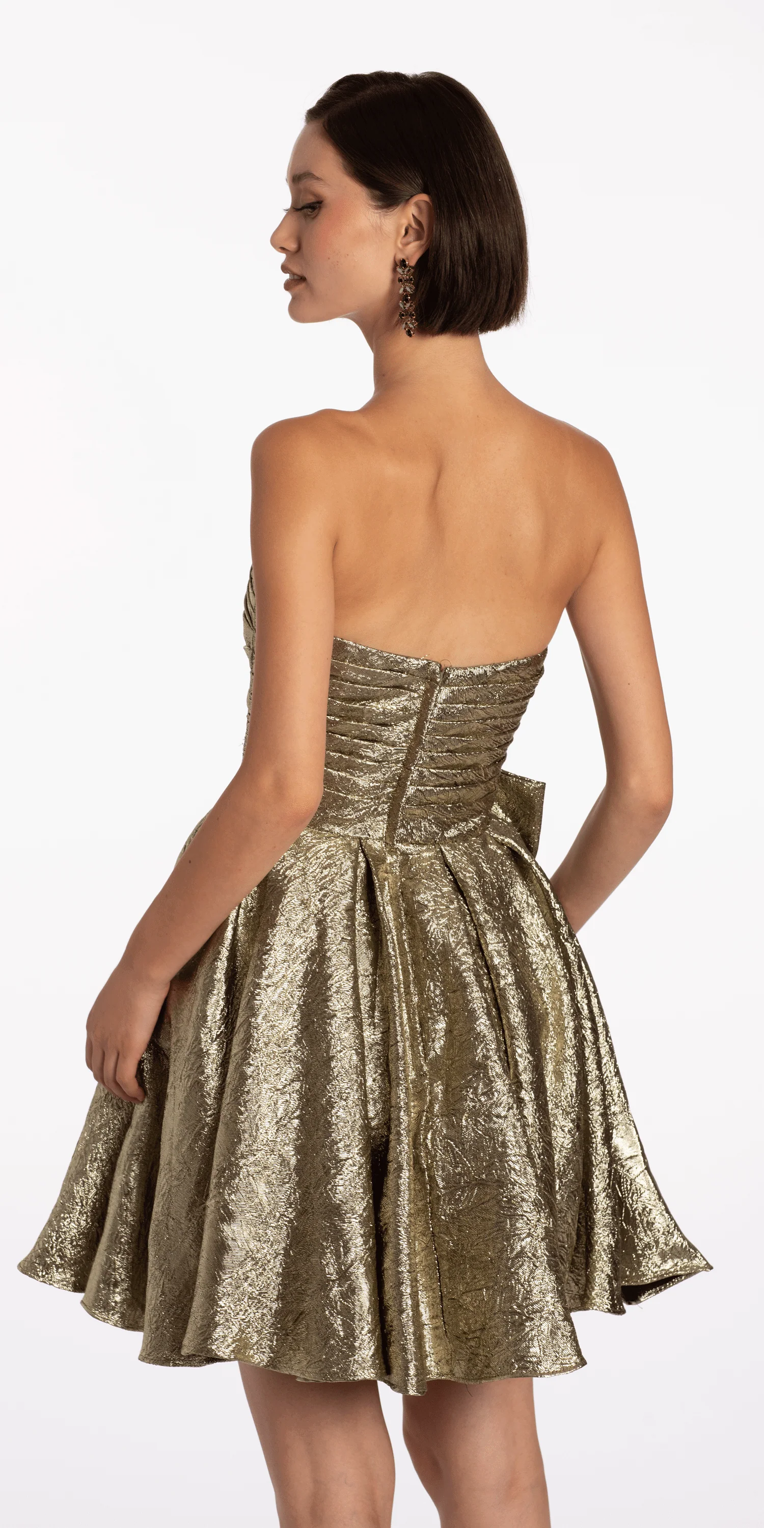 Metallic Crinkle Pleated Strapless Fit and Flare Dress with Bow - Image 5