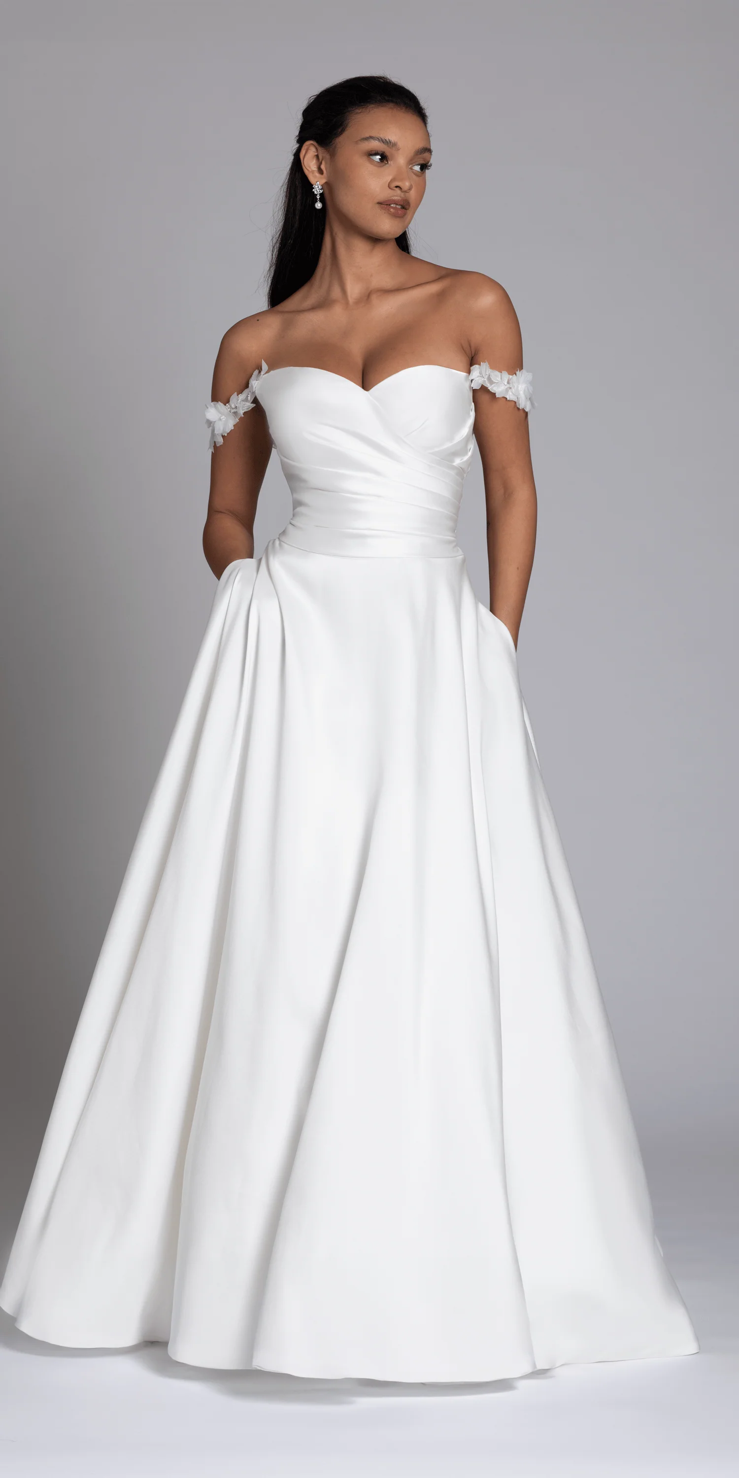 Mikado Off the Shoulder Pleated Bodice Ballgown with Pockets