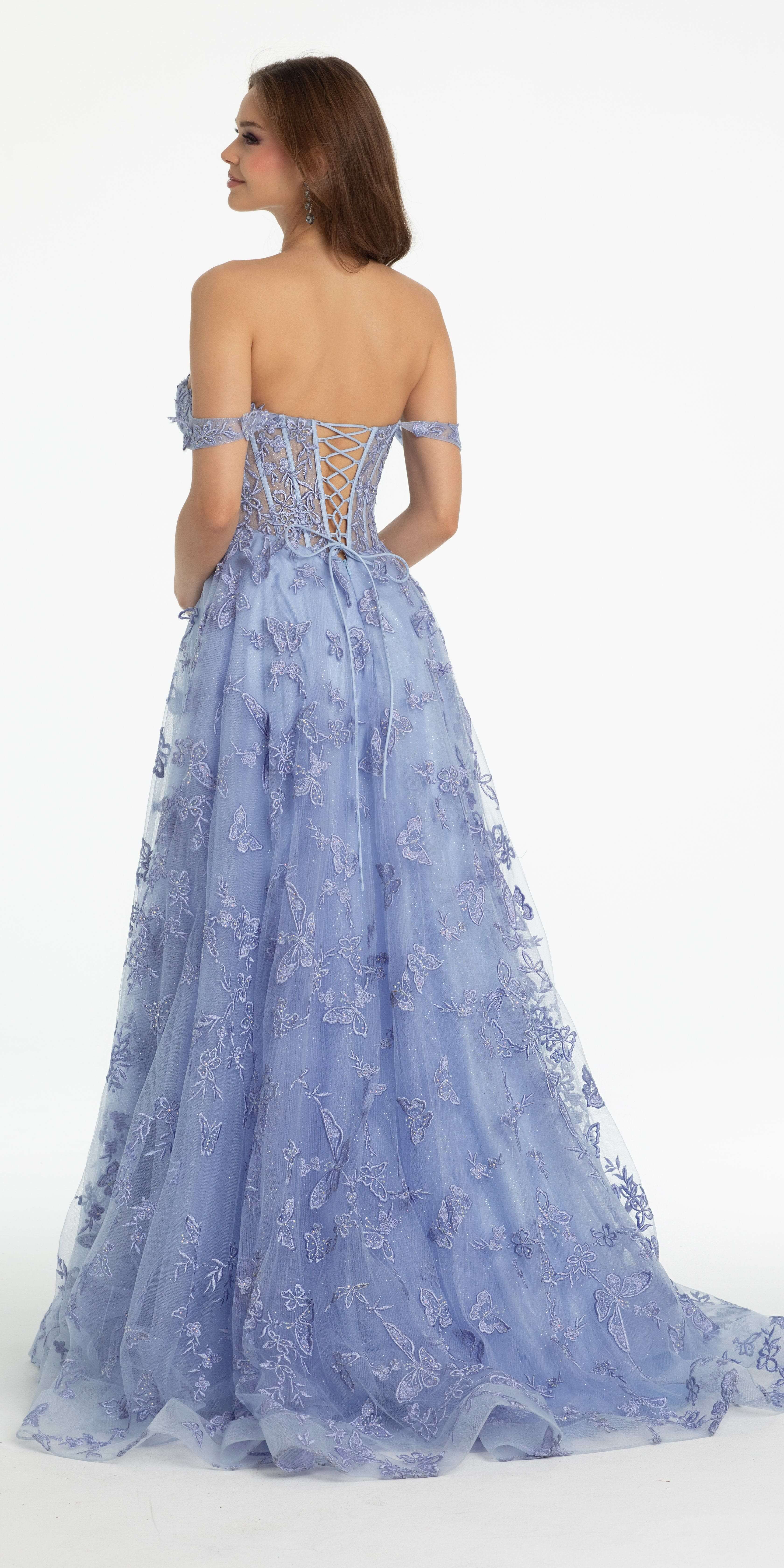 Off the Shoulder Butterfly Embroidered Tulle Lace Up Back Ballgown - Image 5