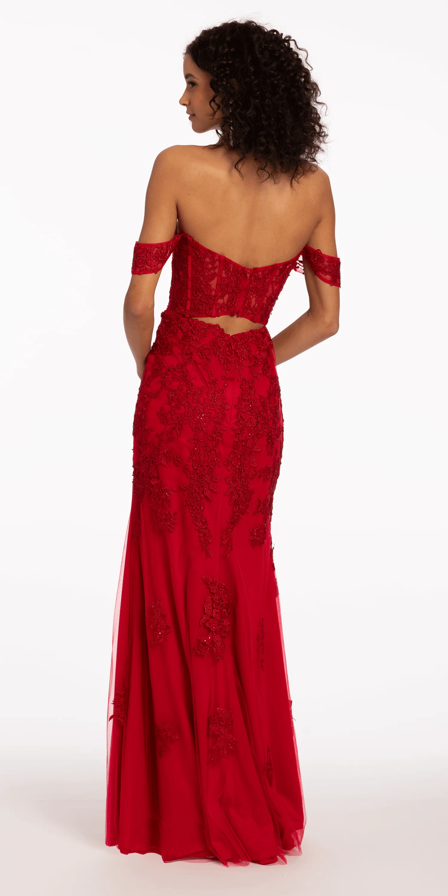 Off the Shoulder Embroidered Corset Column Dress with Keyhole Back - Image 3