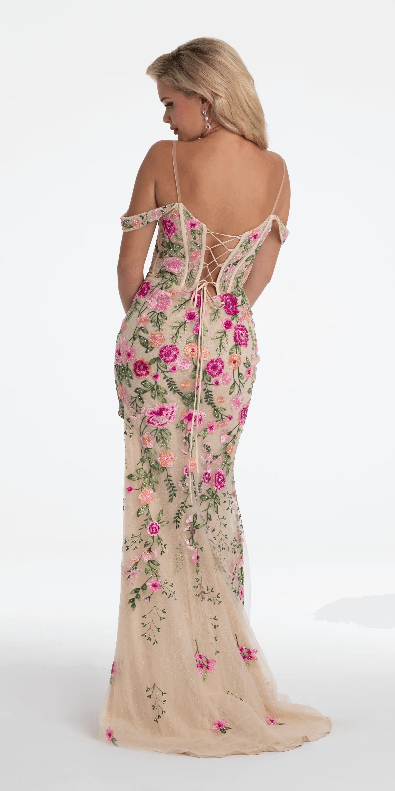 Off the Shoulder Floral Embroidered Column Dress - Image 4