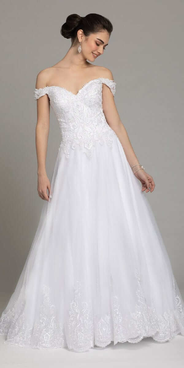 Off The Shoulder Lace Satin A-Line Gown - Image 3