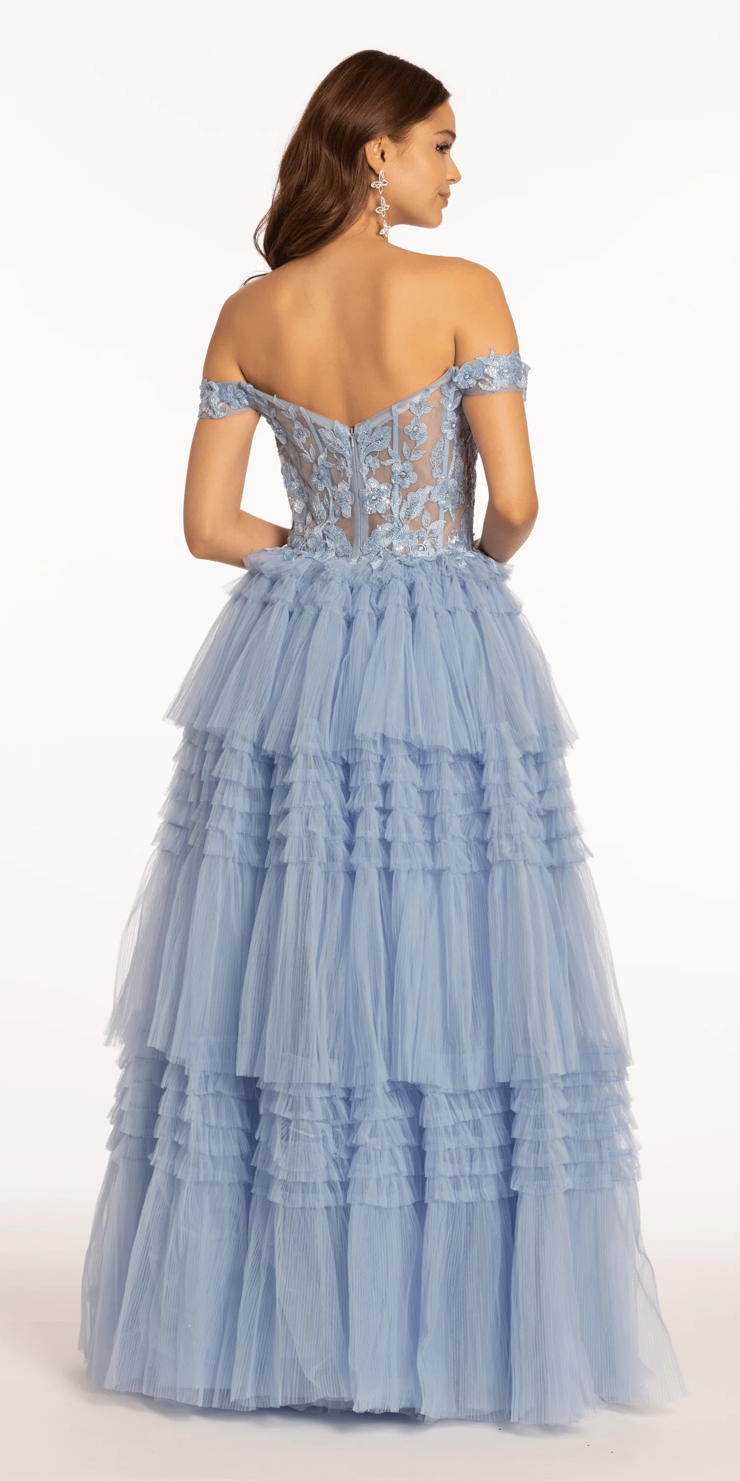 Off the Shoulder Mesh Applique Tiered Ballgown - Image 4