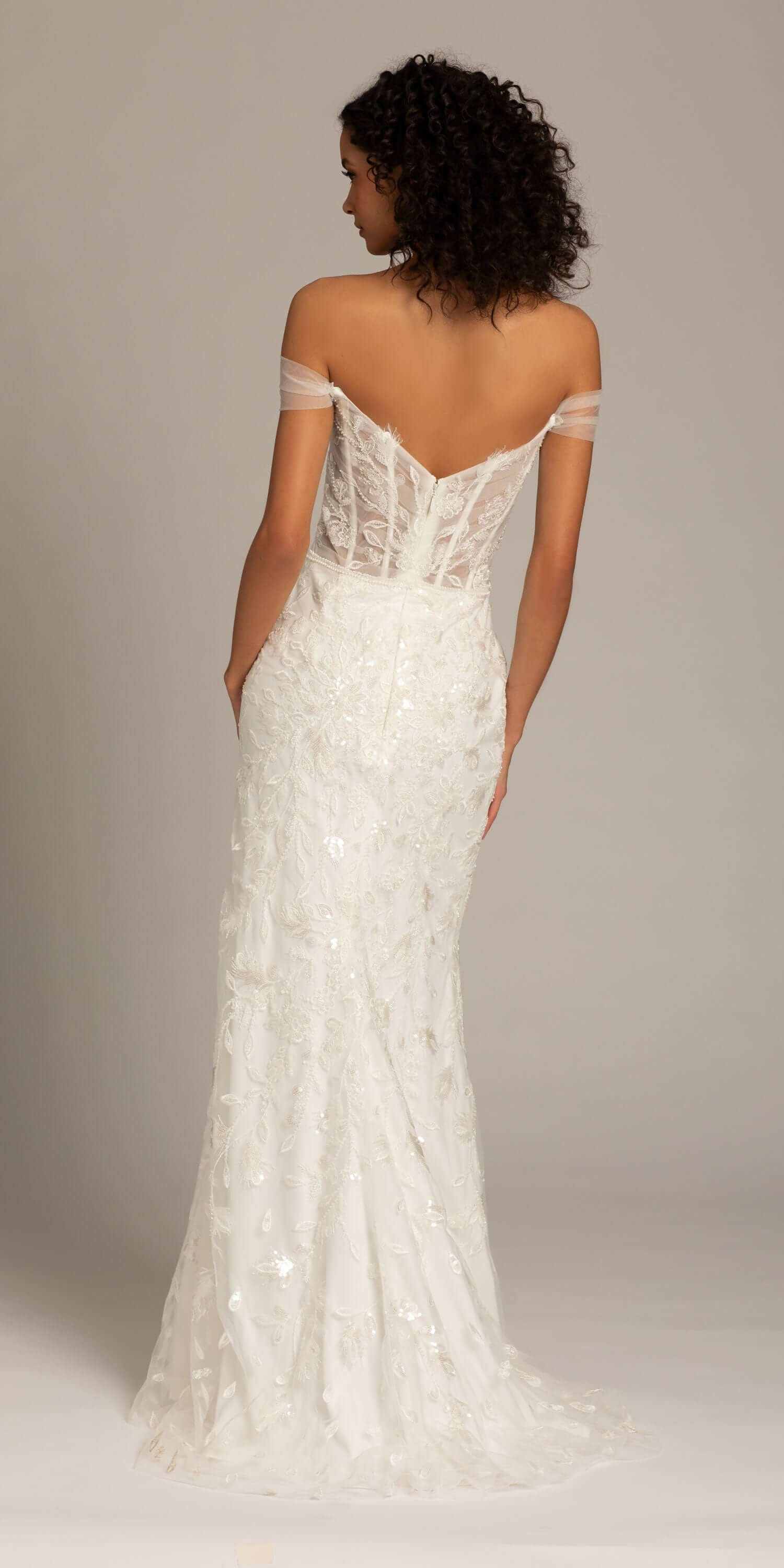 Off the Shoulder Tulle Plunging Beaded Trumpet Dress - Image 5