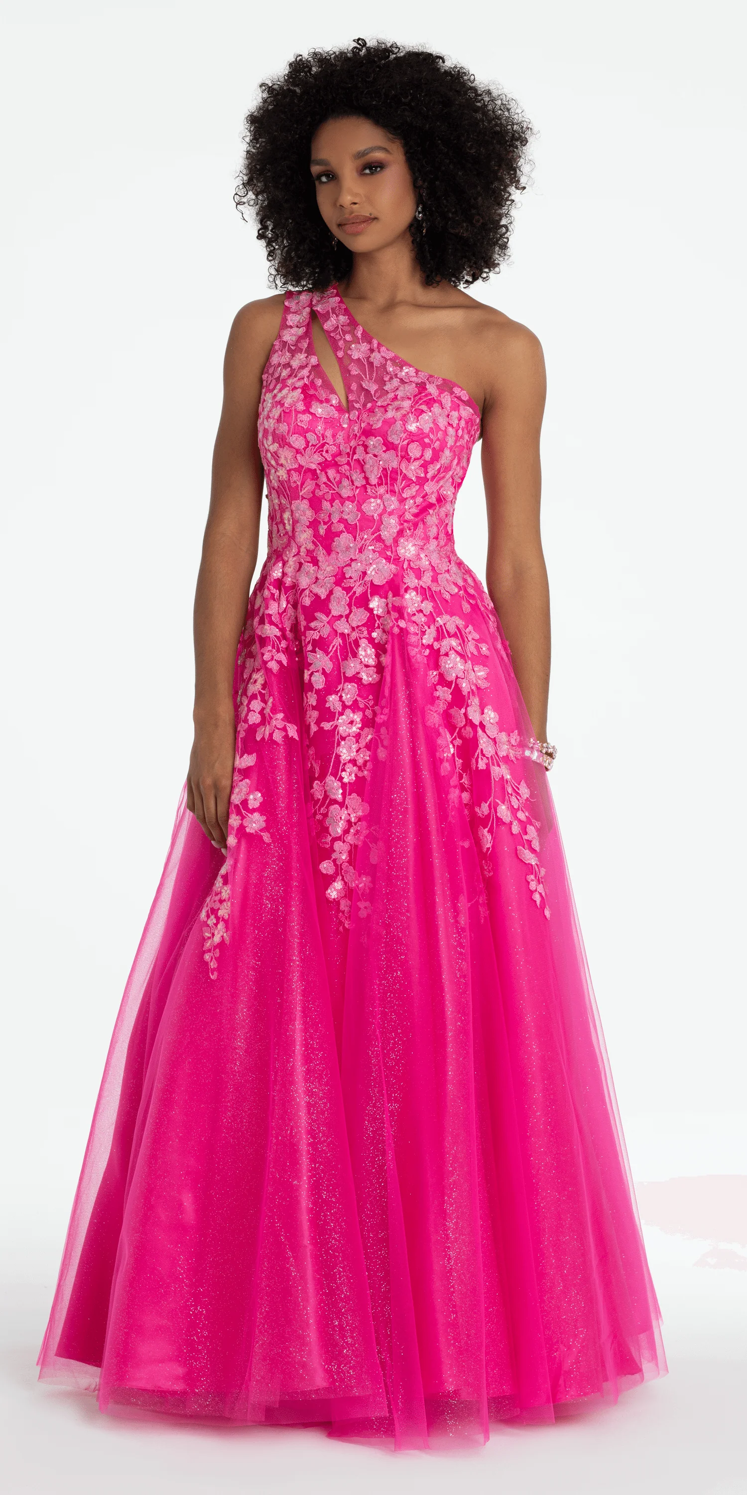 One Shoulder Keyhole Embroidered Tulle Ballgown - Image 4