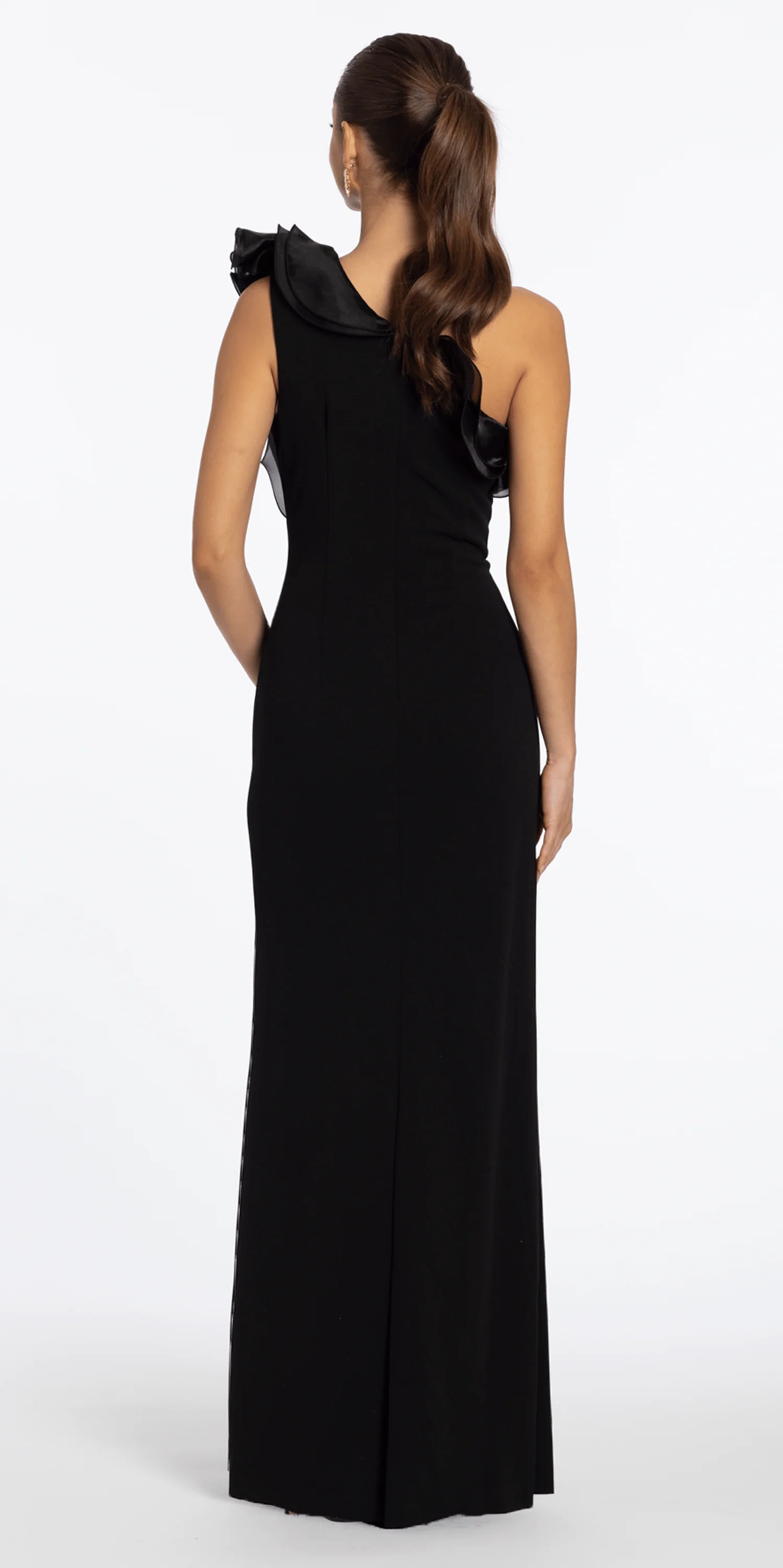 One Shoulder Scuba Column Dress with Organza Ruffle - Image 4