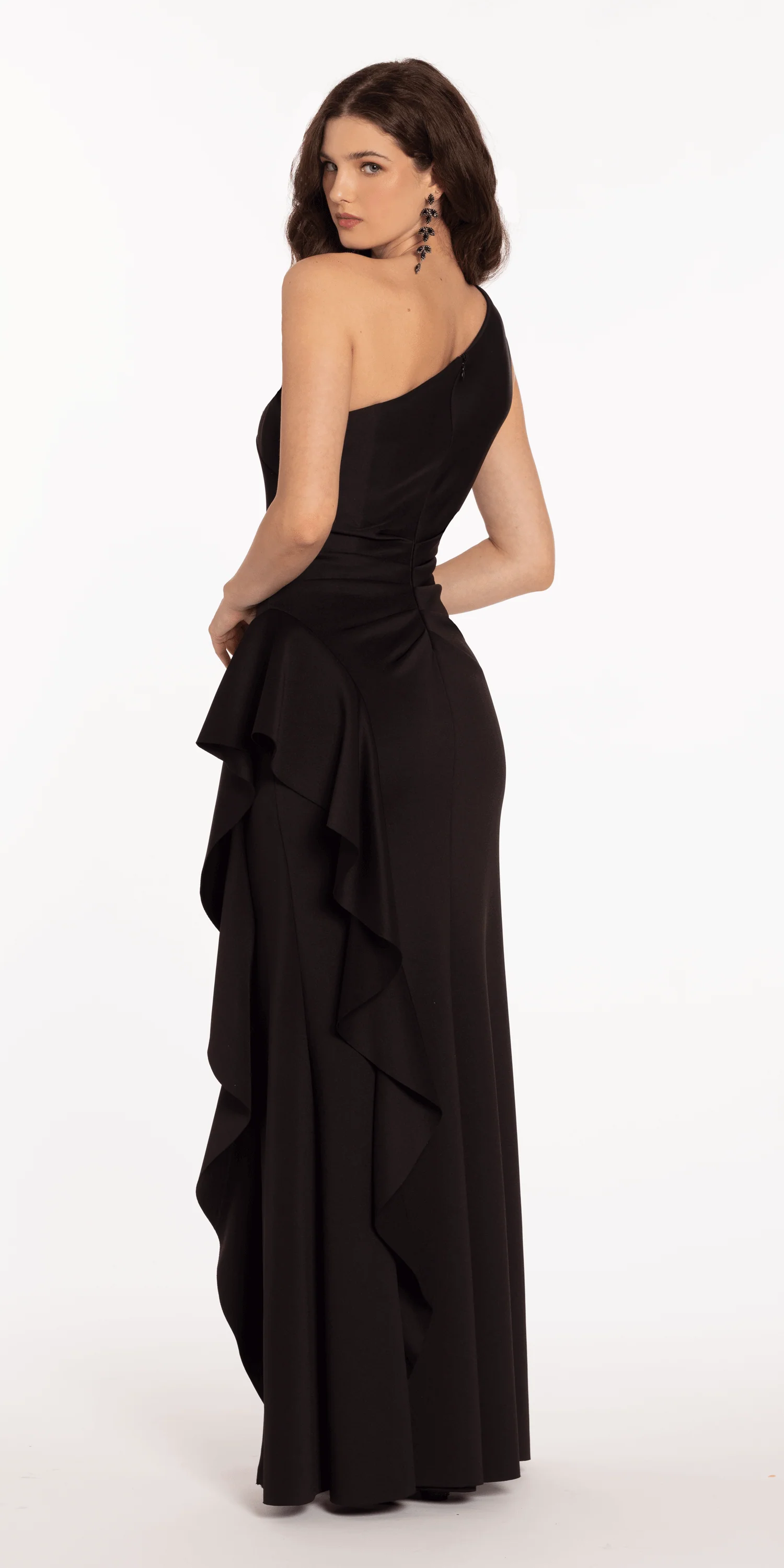 One Shoulder Scuba Trumpet Dress with Side Cascade - Image 10