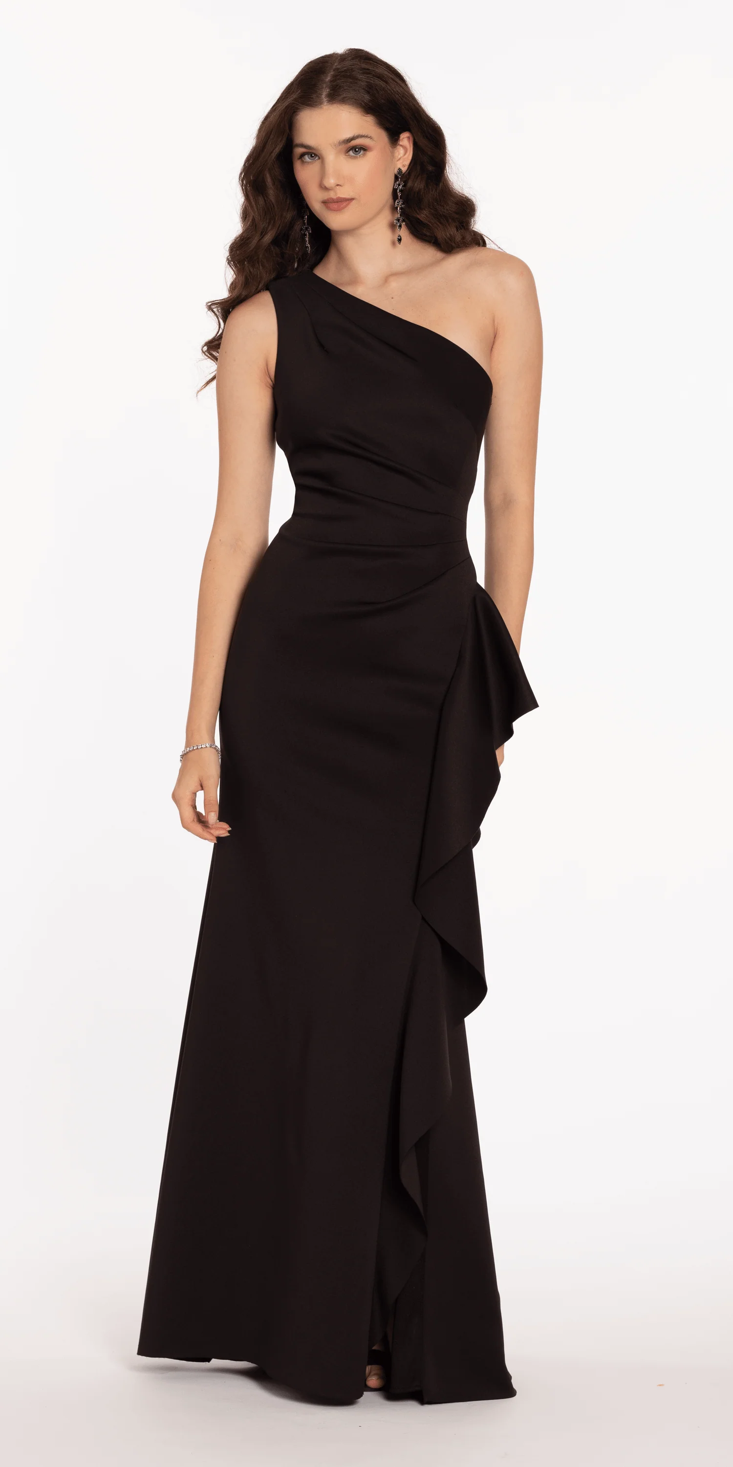 One Shoulder Scuba Trumpet Dress with Side Cascade - Image 8