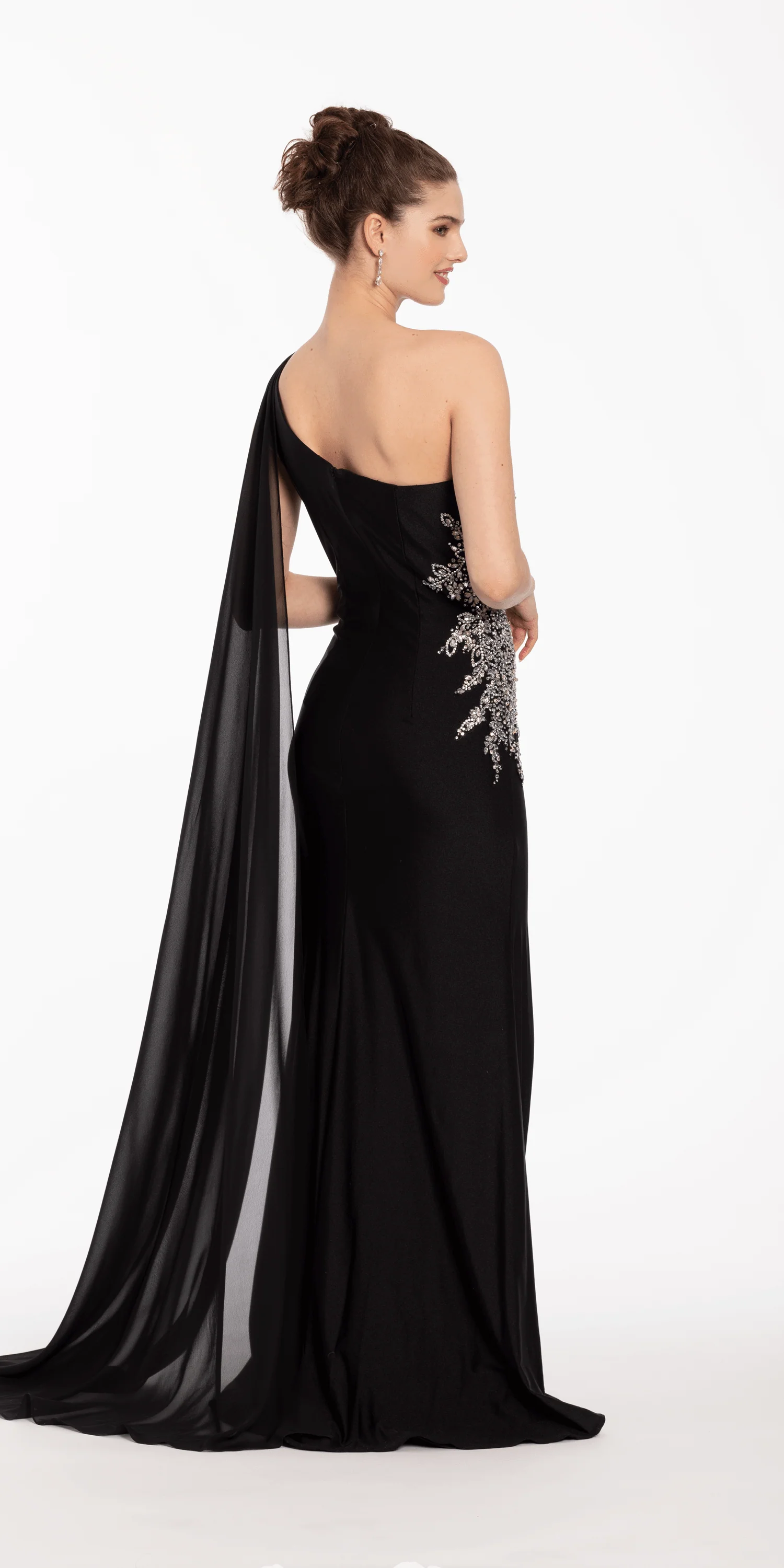 One Shoulder Side Cascade Dress with Rhinestone Detail - Image 4