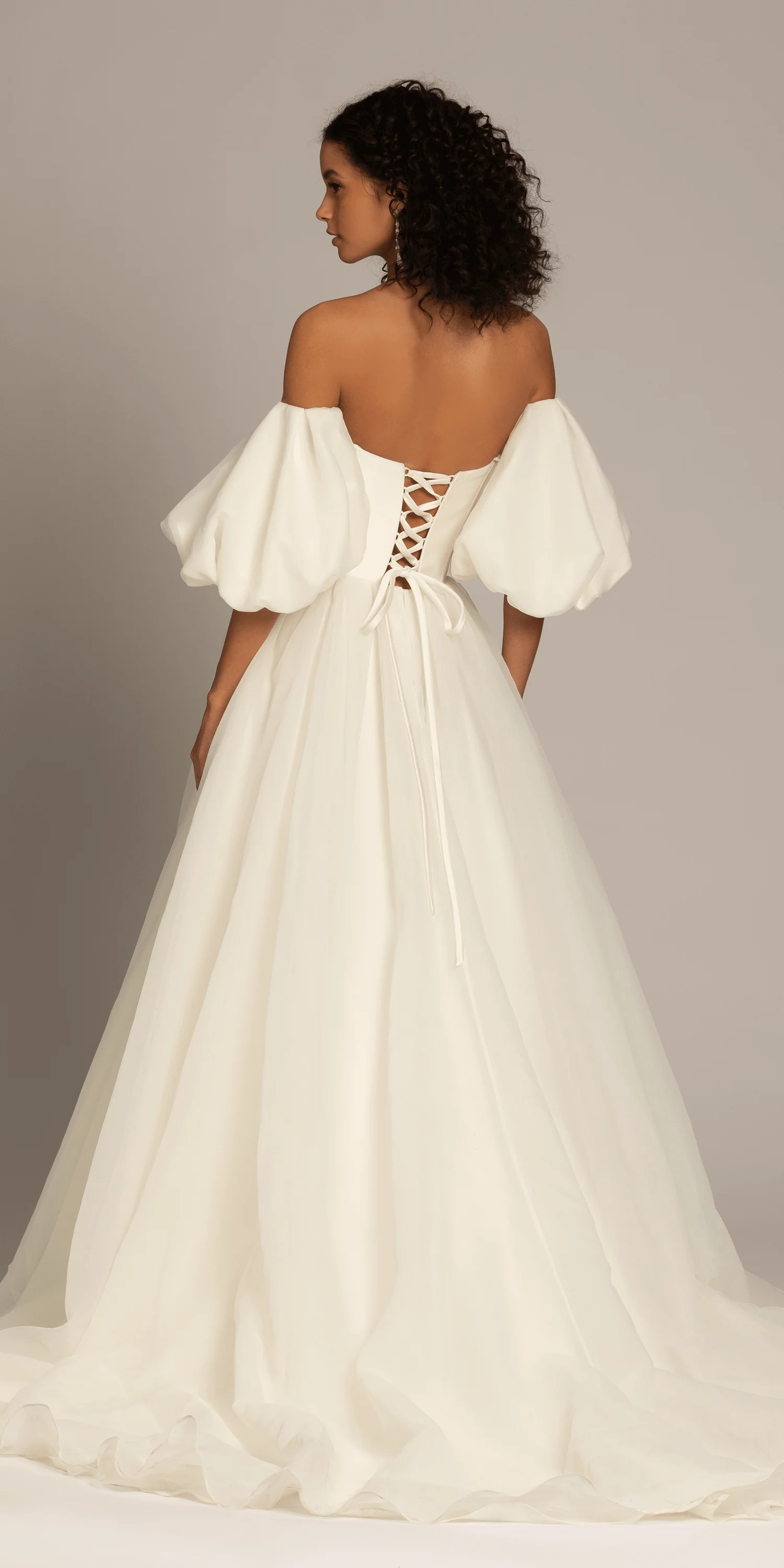 Organza Lace Up Back Ballgown with Detachable Sleeves - Image 5