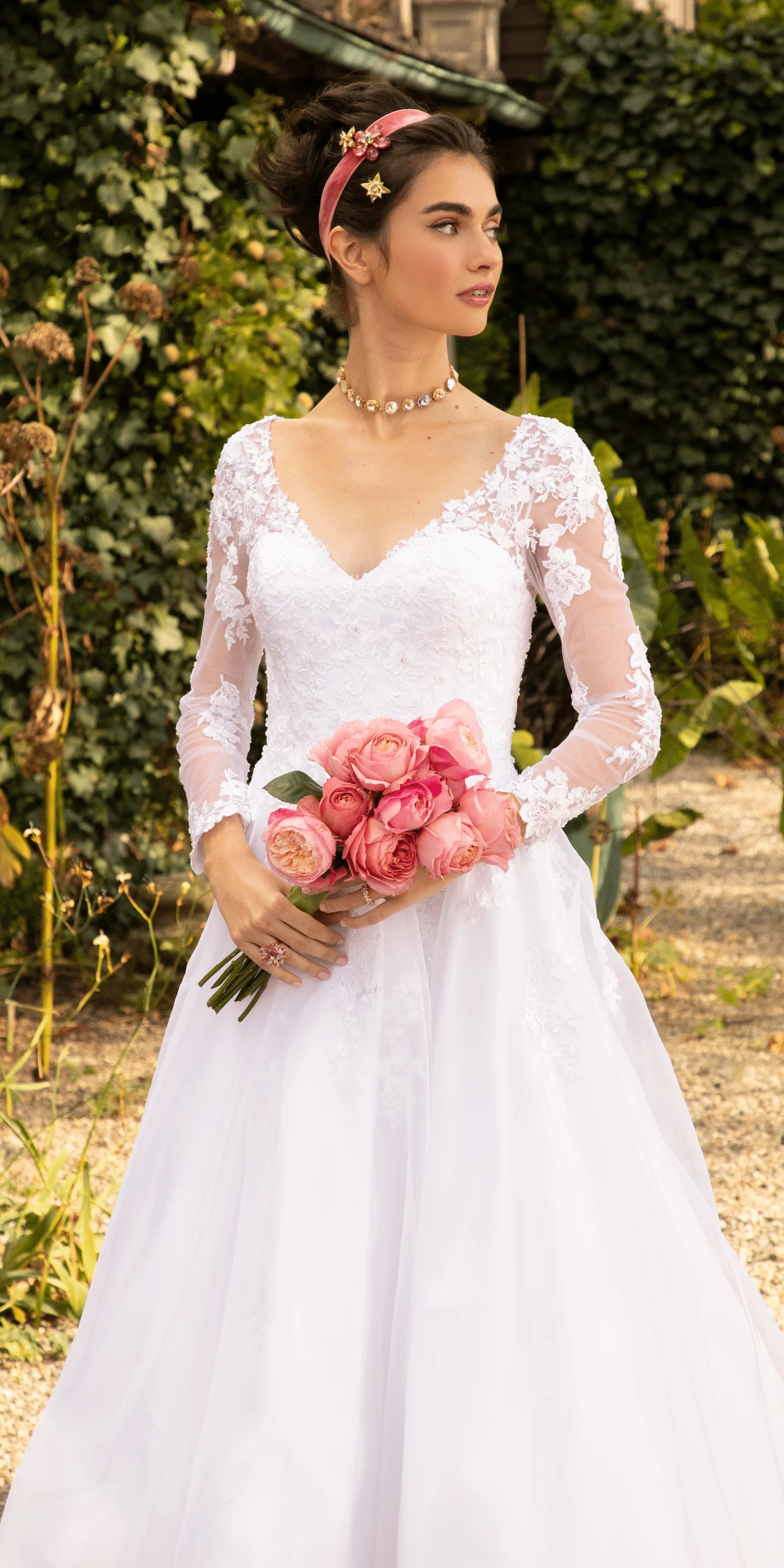Organza V Neck Long Sleeve Lace Up Back Ballgown with Embellished Appliques - Image 3