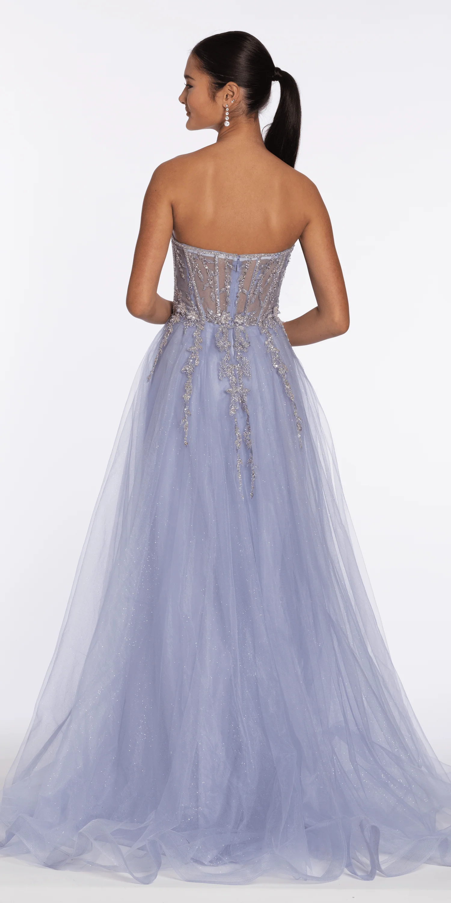 Pearl Beaded Strapless Corset Glitter Mesh A Line Dress - Image 4