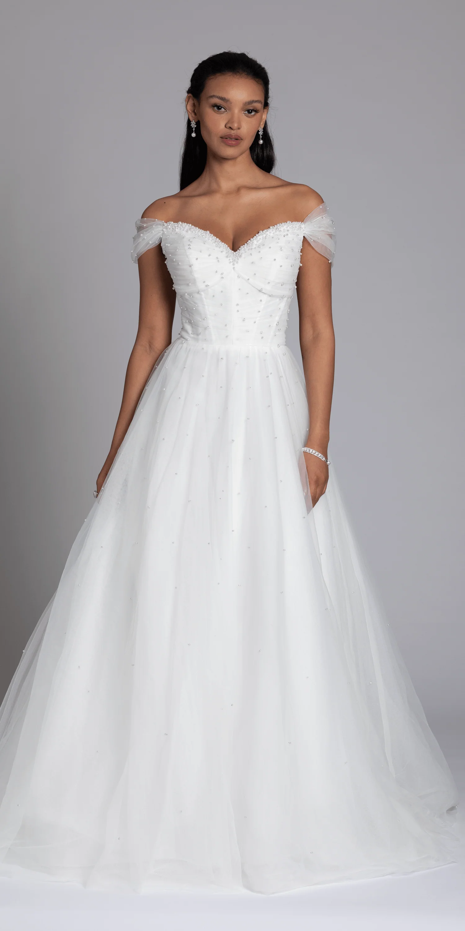 Pearl Sweetheart Pleated Off the Shoulder Corset Tulle Ballgown