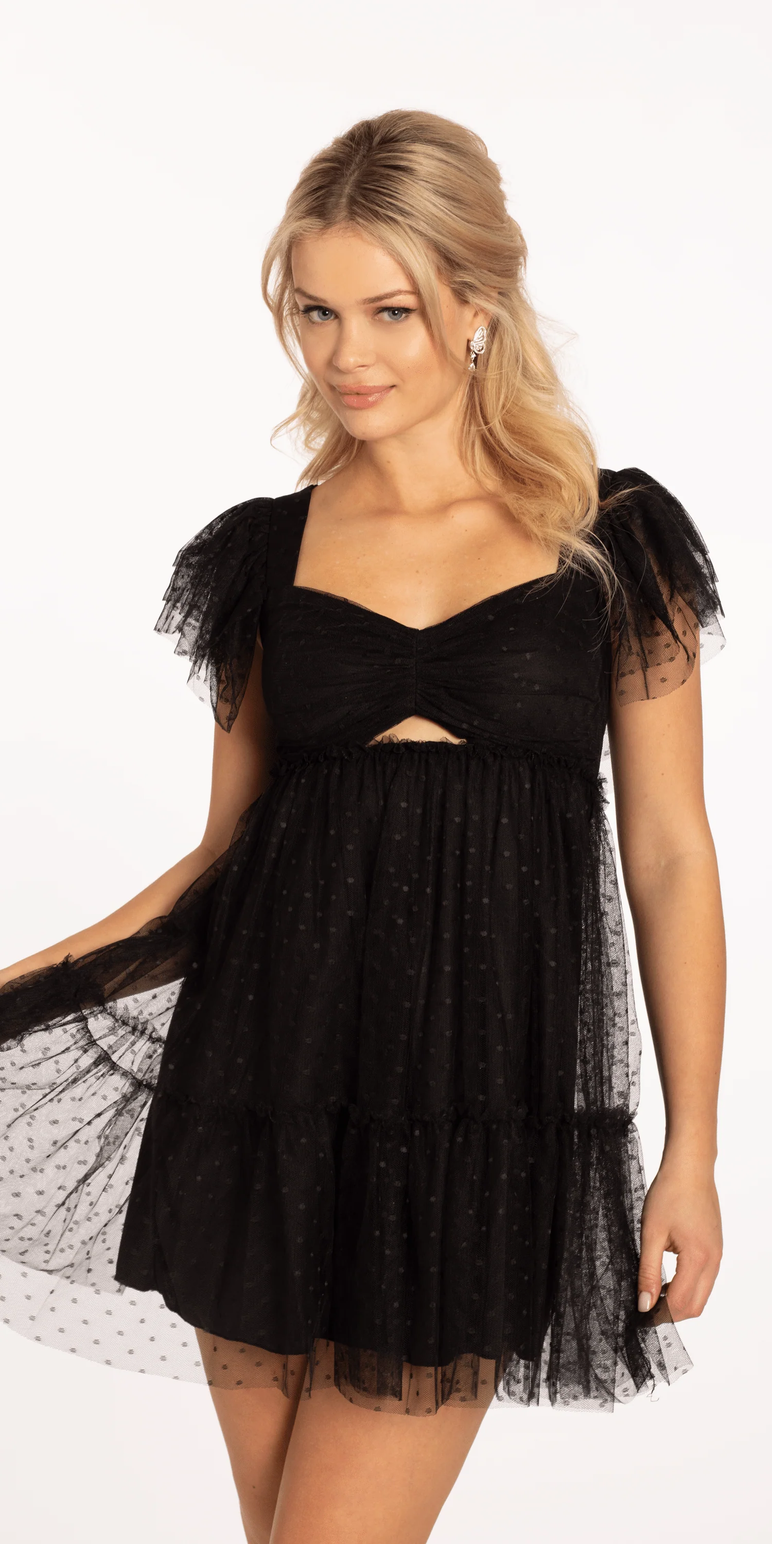 Peek a Boo Mesh Empire Tiered Shoulder Dress with Tie Back - Image 2