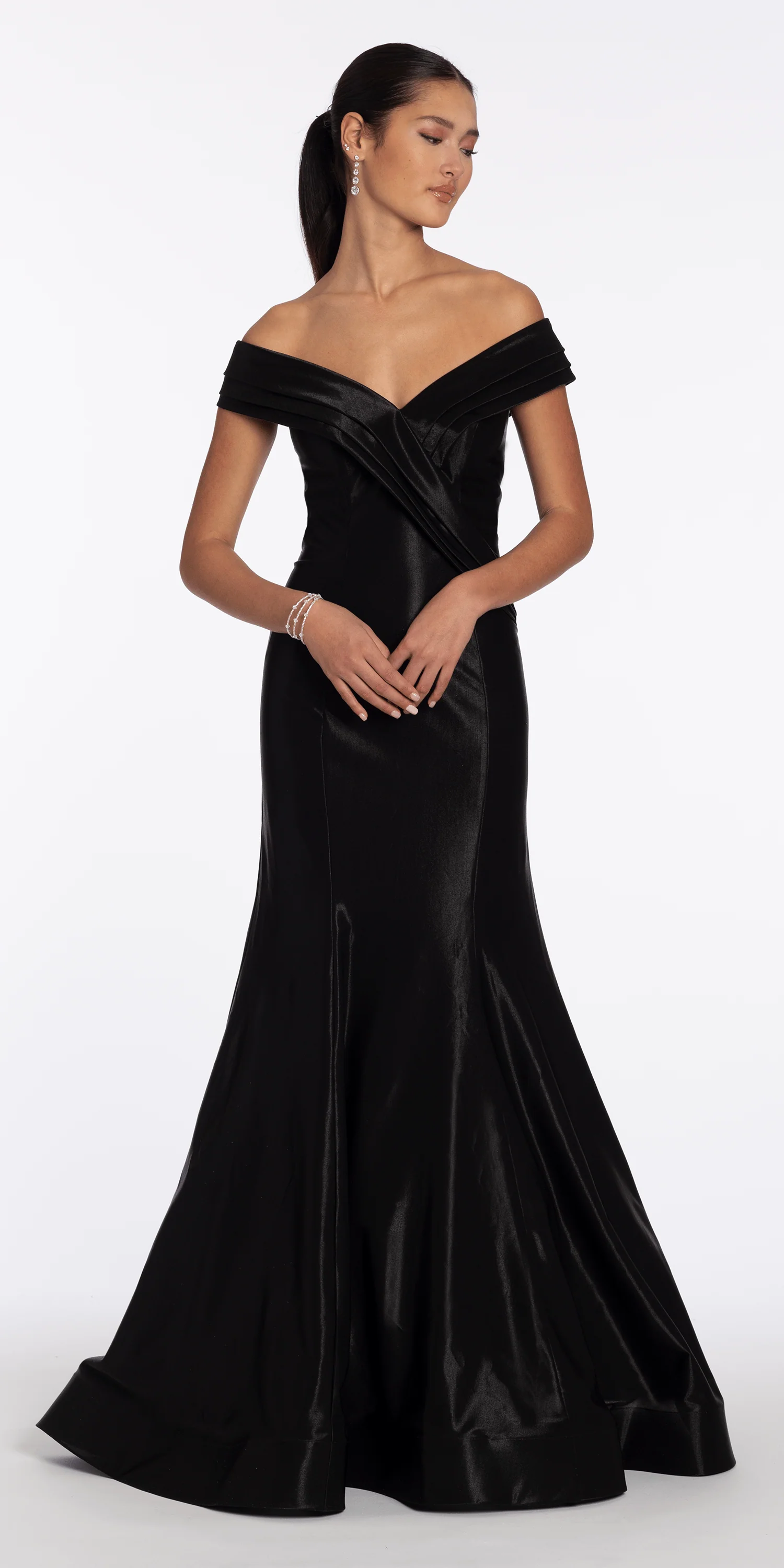 Pleated Off the Shoulder Sateen Trumpet Dress with Sweep Train