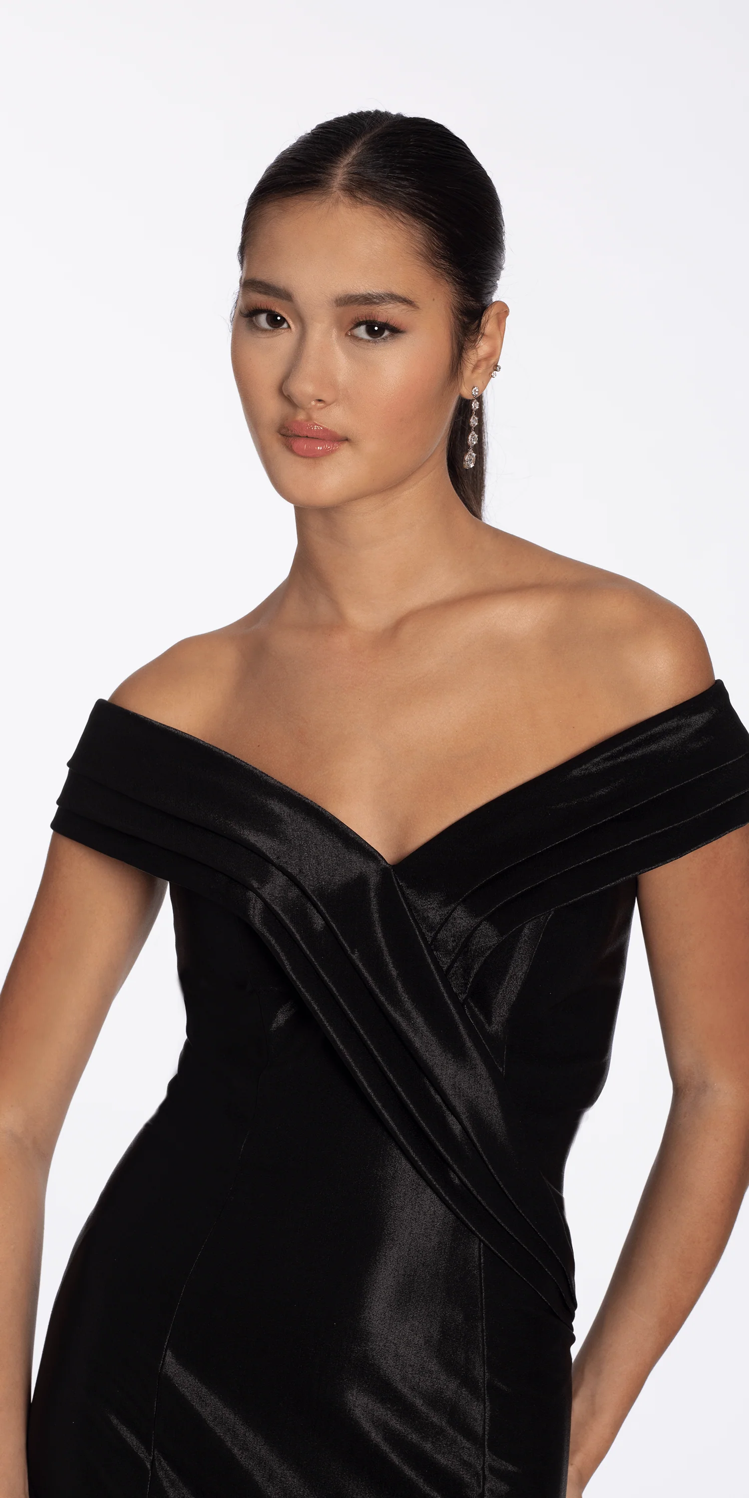 Pleated Off the Shoulder Sateen Trumpet Dress with Sweep Train - Image 2