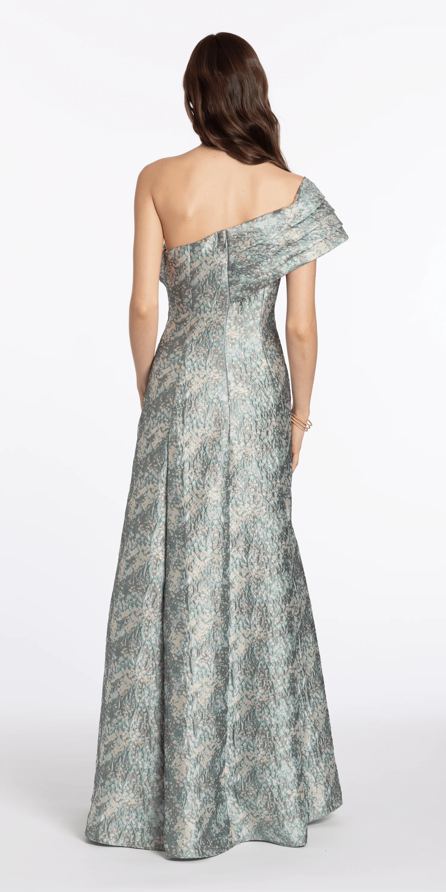 Pleated One Shoulder Floral Brocade A Line Dress - Image 3