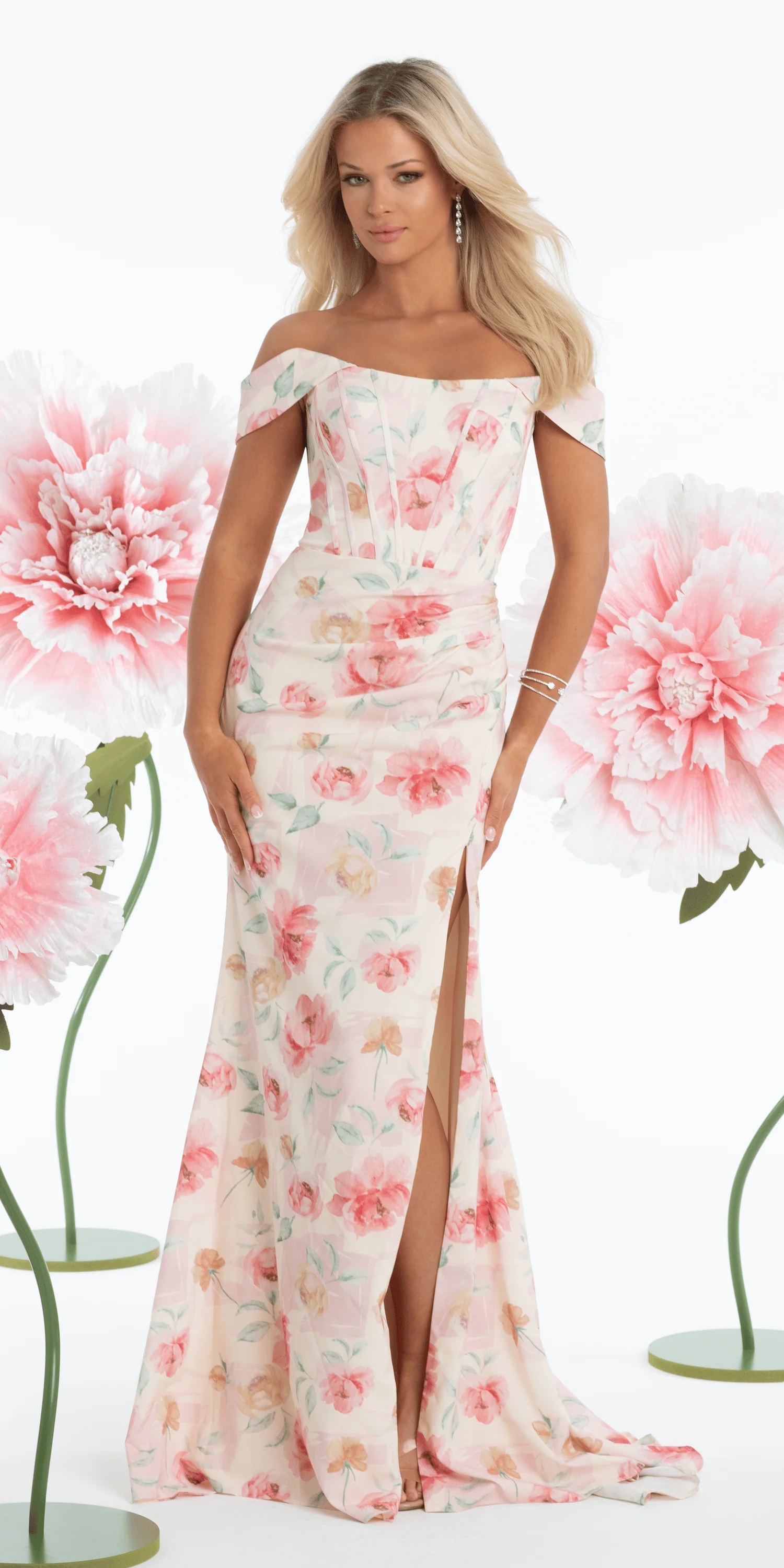 Pleated Satin Pastel Floral Off the Shoulder Corset Trumpet Dress