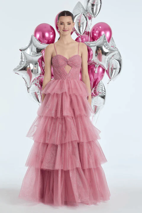 Pleated Peek-a-Boo-Sweetheart Tulle Tiered Ballgown with Heat Set Stones - Image 3