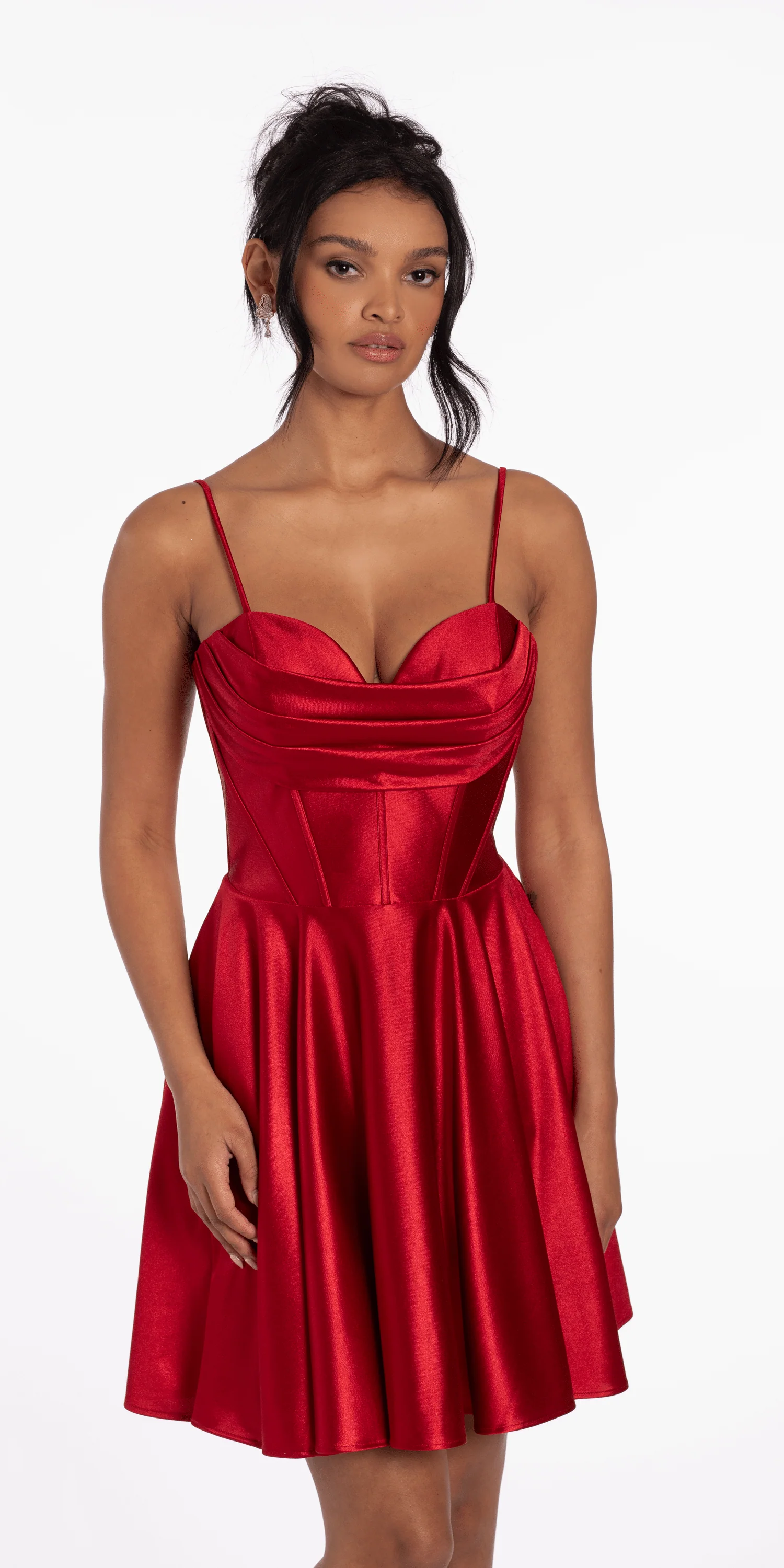 Pleated Shimmer Satin Corset Skater Dress with Pockets - Image 3