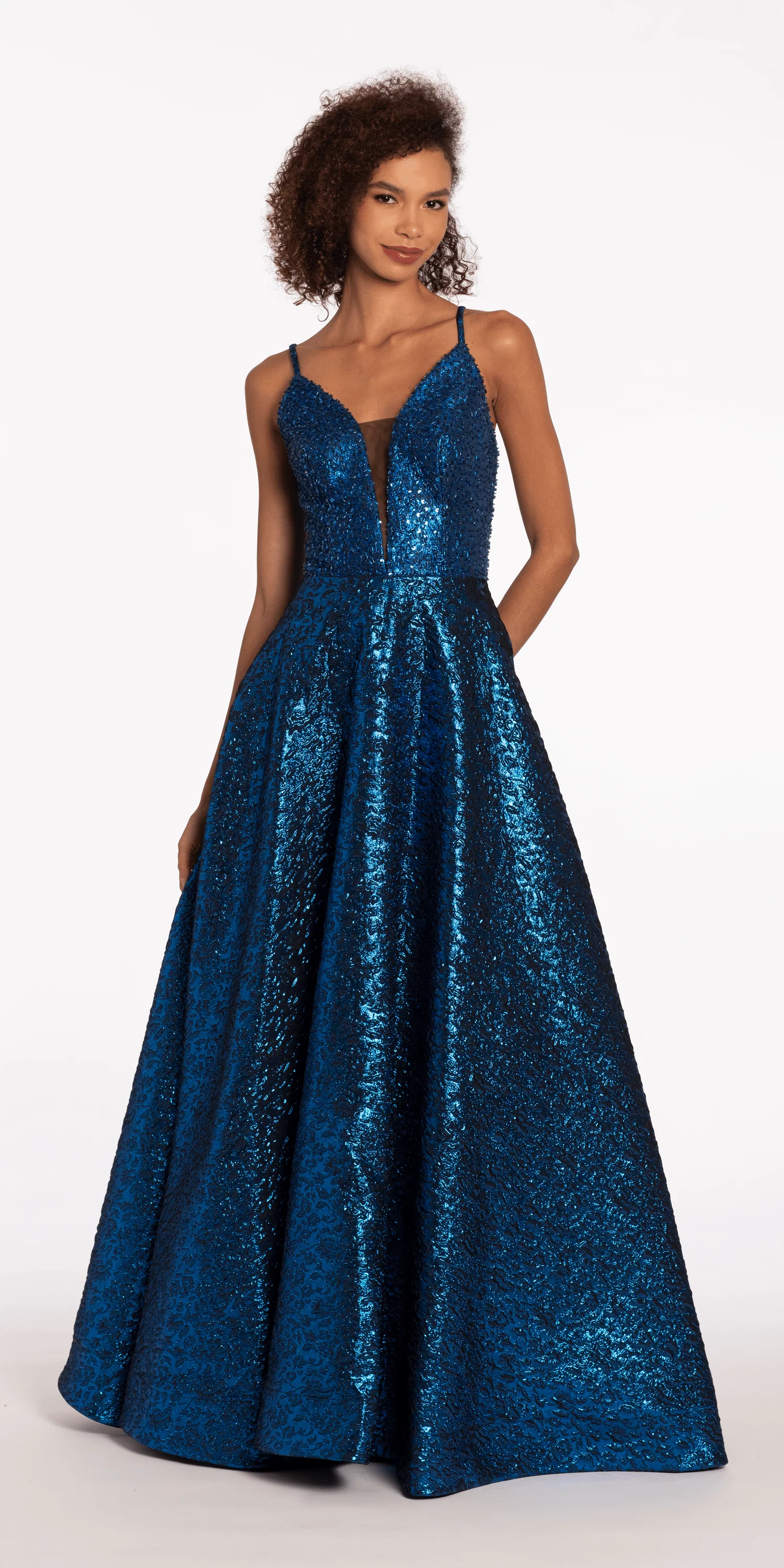 Plunging Metallic Beaded Jacquard Ballgown with Pockets