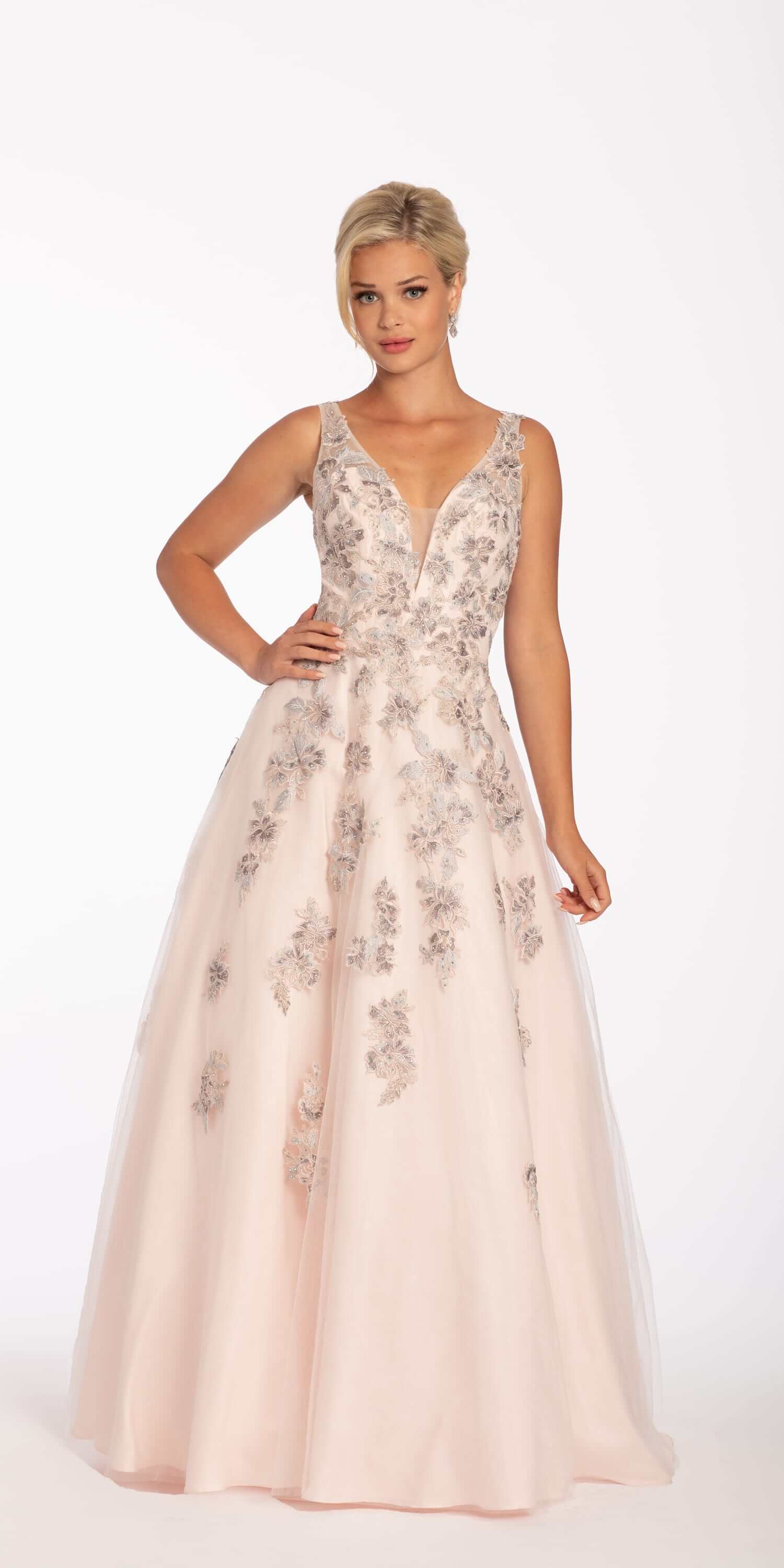 Plunging Tulle Ballgown with Metallic Floral Applique