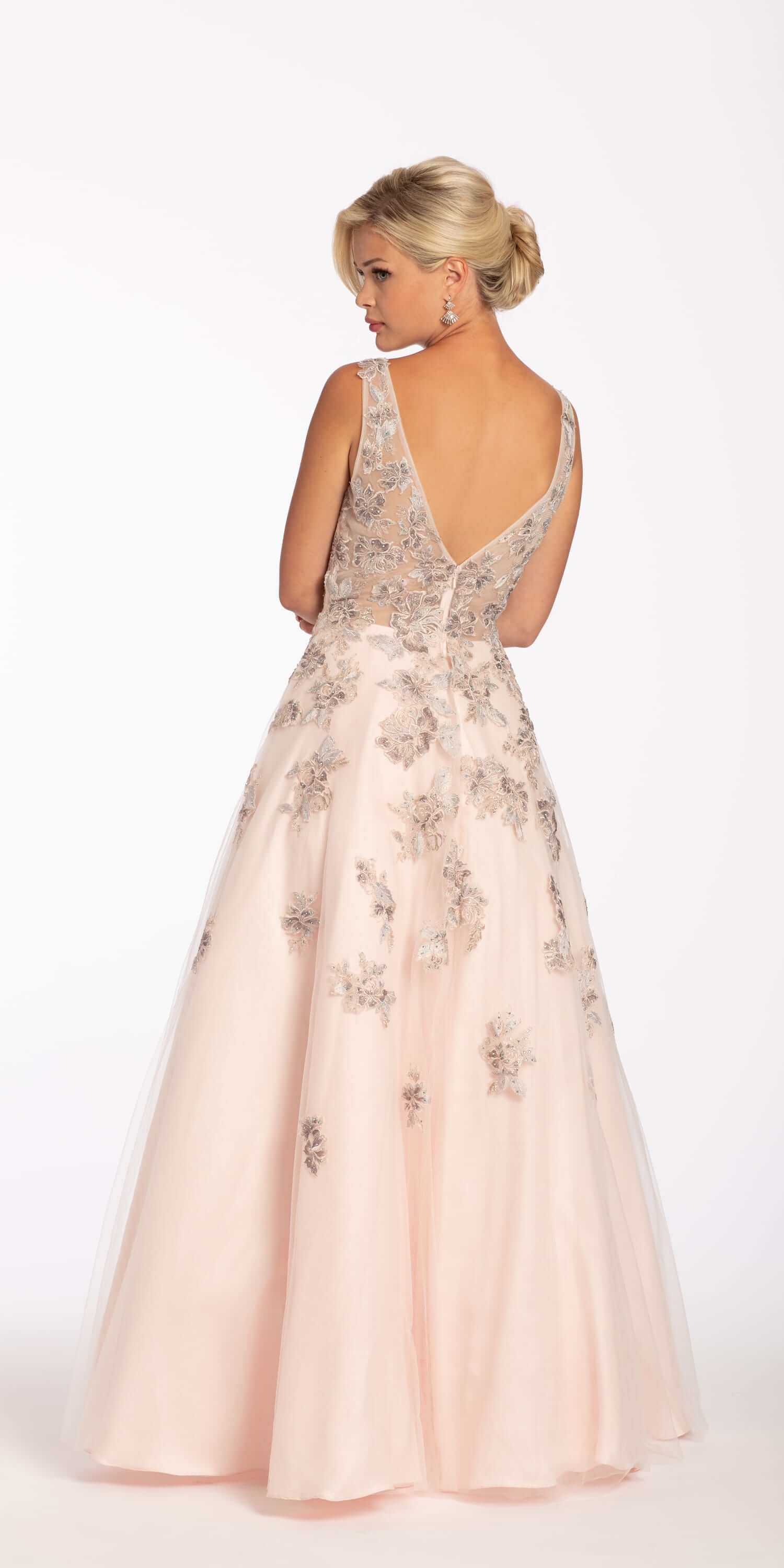 Plunging Tulle Ballgown with Metallic Floral Applique - Image 2