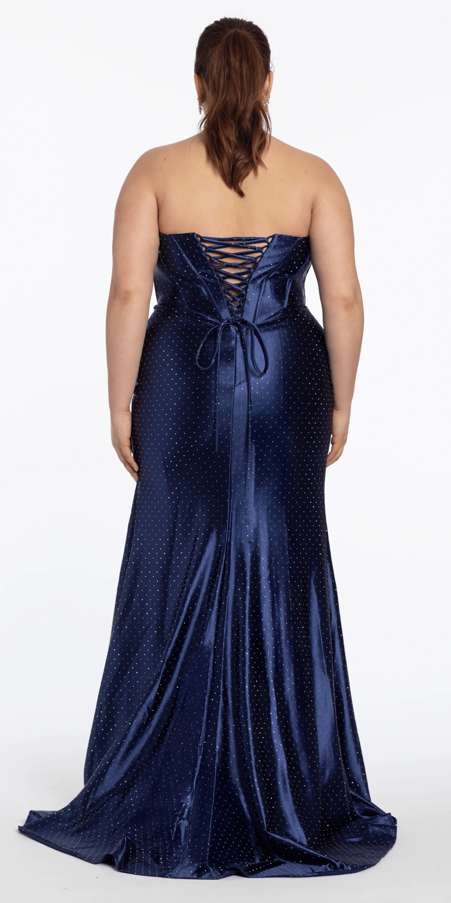 Pointed Rhinestone Satin Strapless Corset Column Dress - Image 4