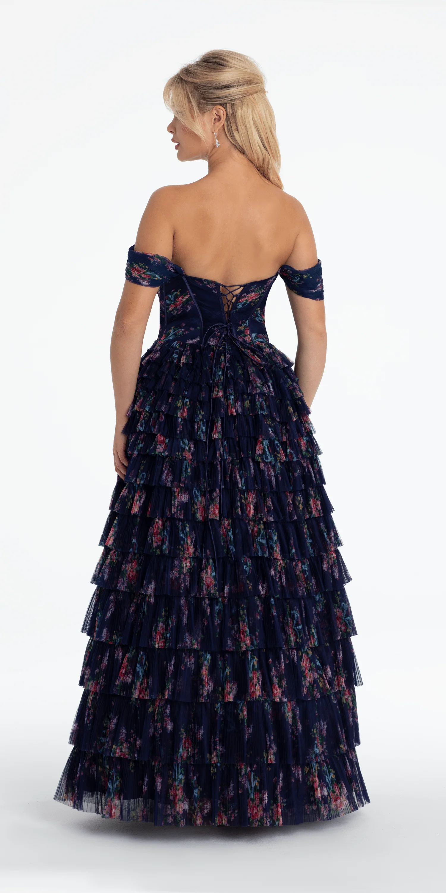 Print Mesh Off the Shoulder Tiered Corset Ballgown - Image 3