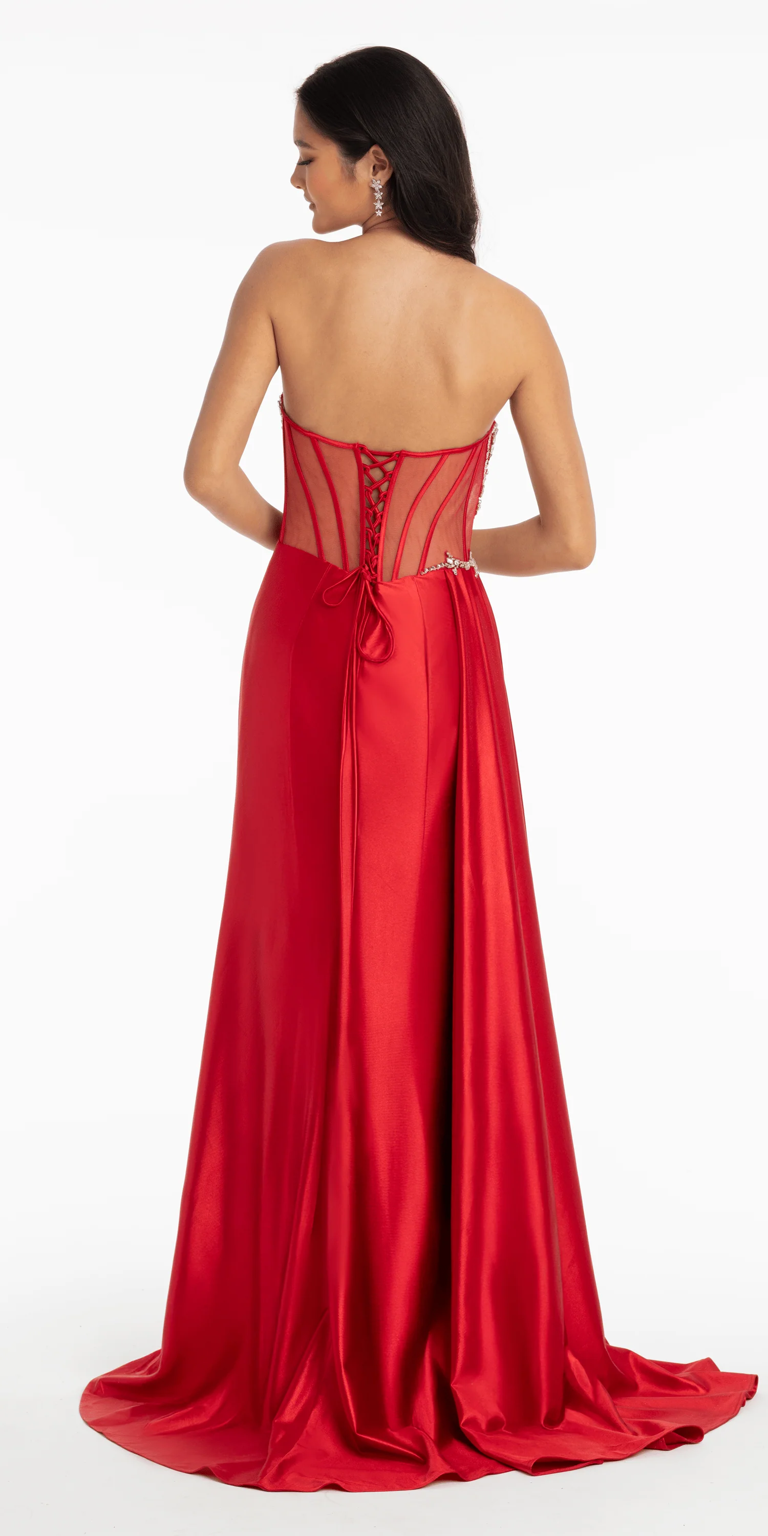 Rhinestone Satin Mock Two Piece Corset Column Dress with Side Train - Image 3