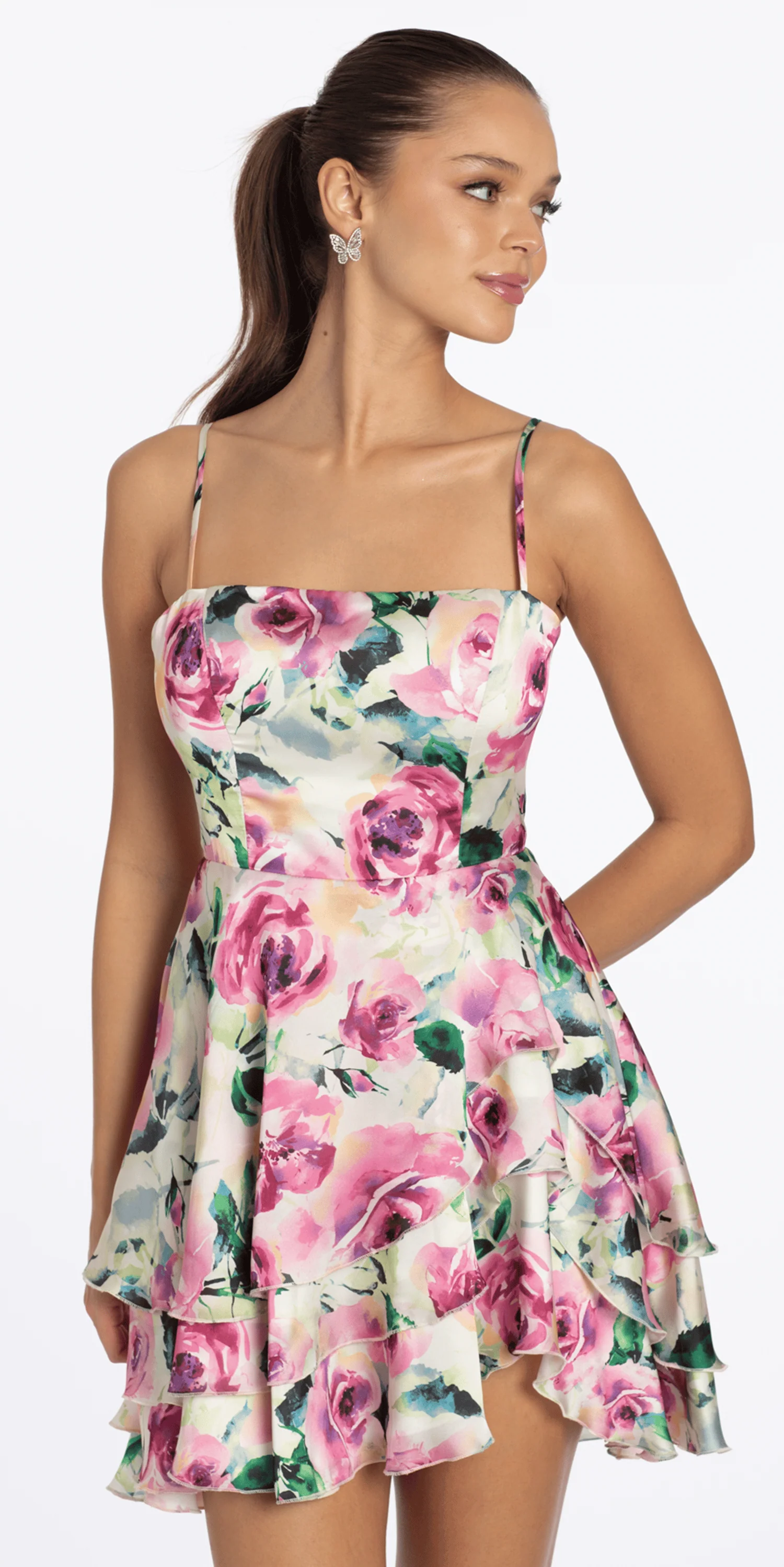Rose Print Satin Tiered Tie Back Skater Dress - Image 3