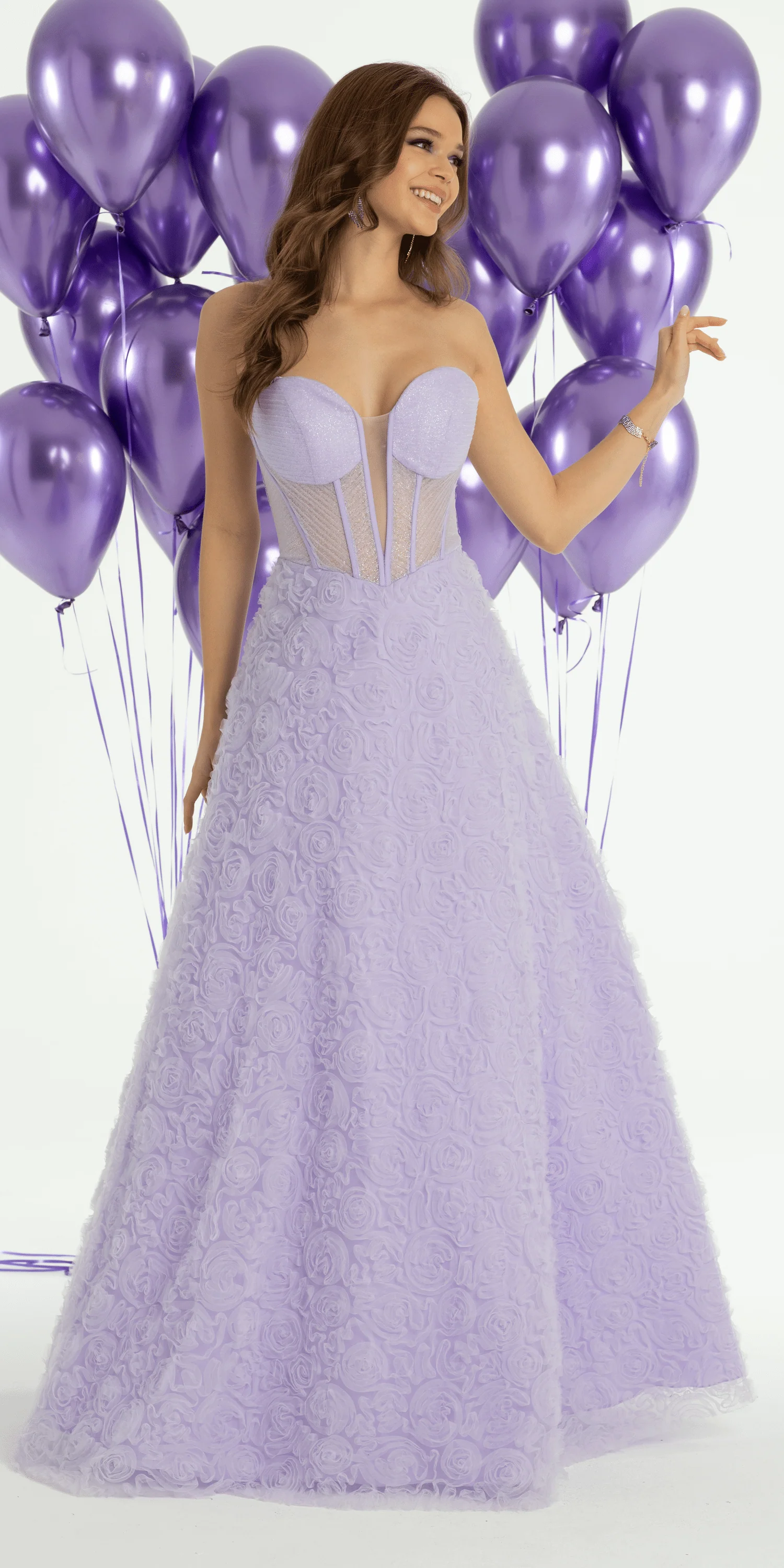 Rosette Glitter Mesh Plunging Corset Ballgown - Image 3
