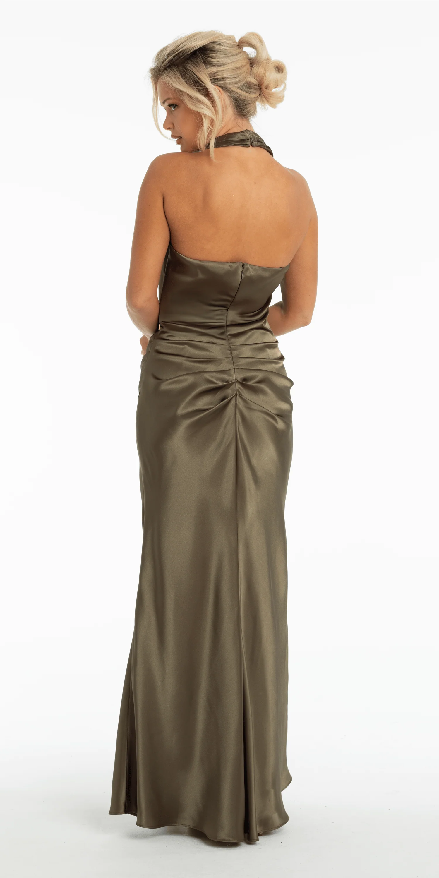 Satin Asymmetrical Neck Blouson Column Dress with Back Ruching - Image 3