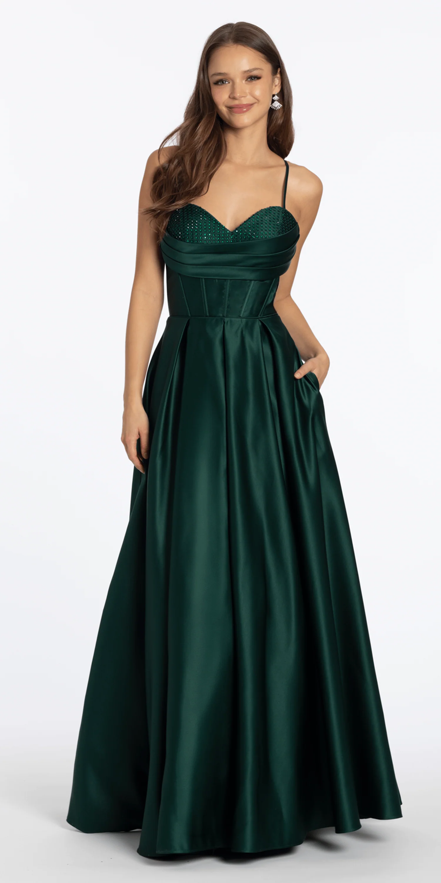 Satin Beaded Drape Corset Ballgown with Side Pockets