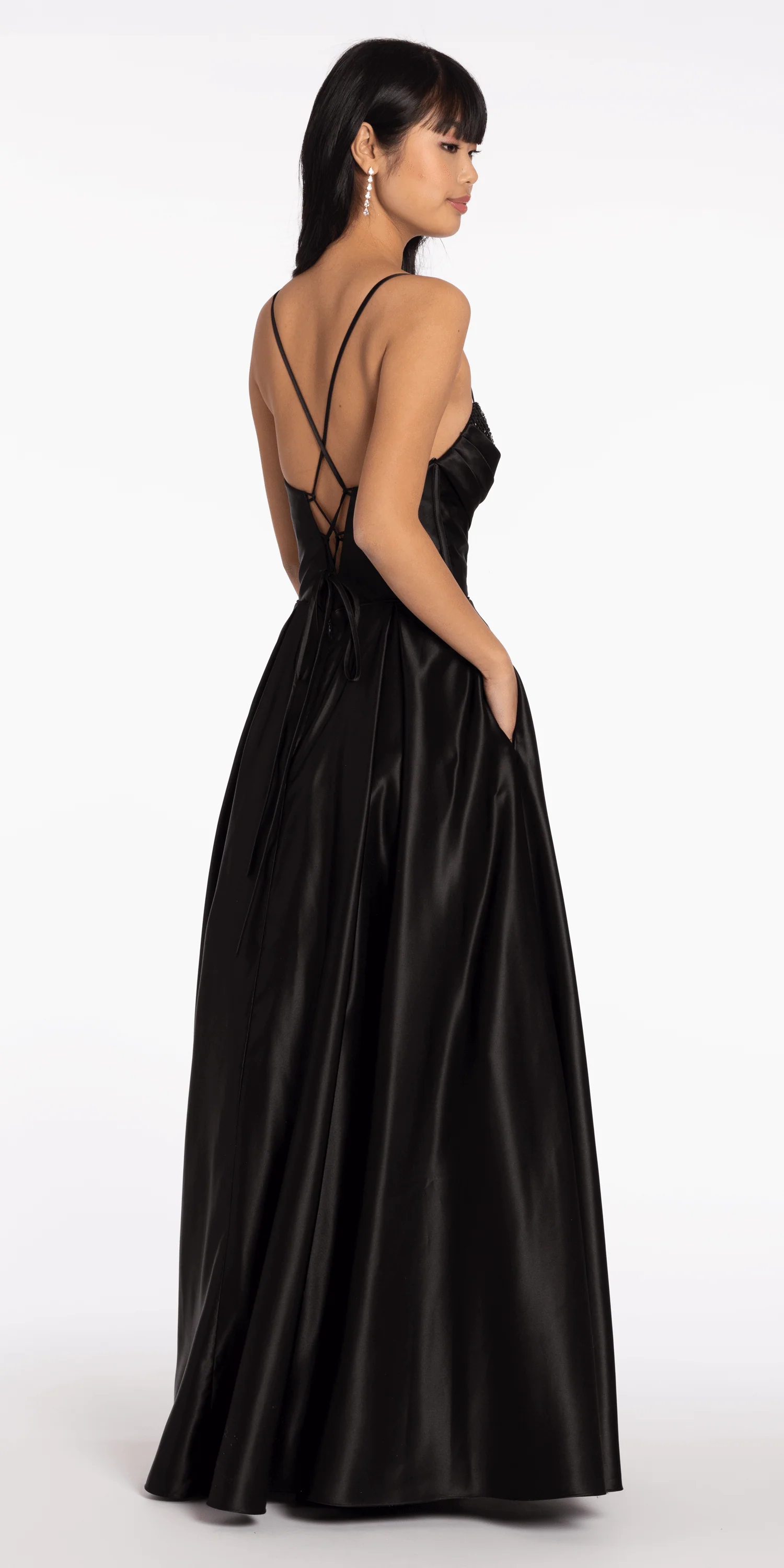 Satin Beaded Drape Corset Ballgown with Side Pockets - Image 9