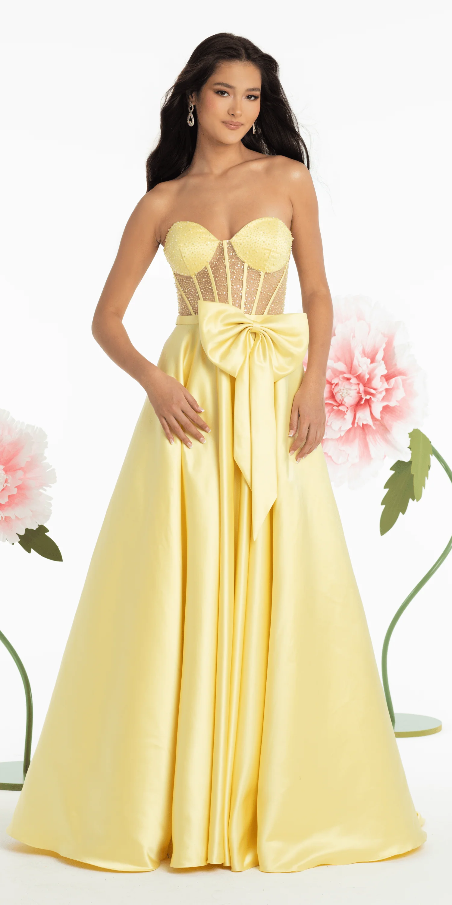 Satin Beaded Bow Corset Ballgown with Pockets