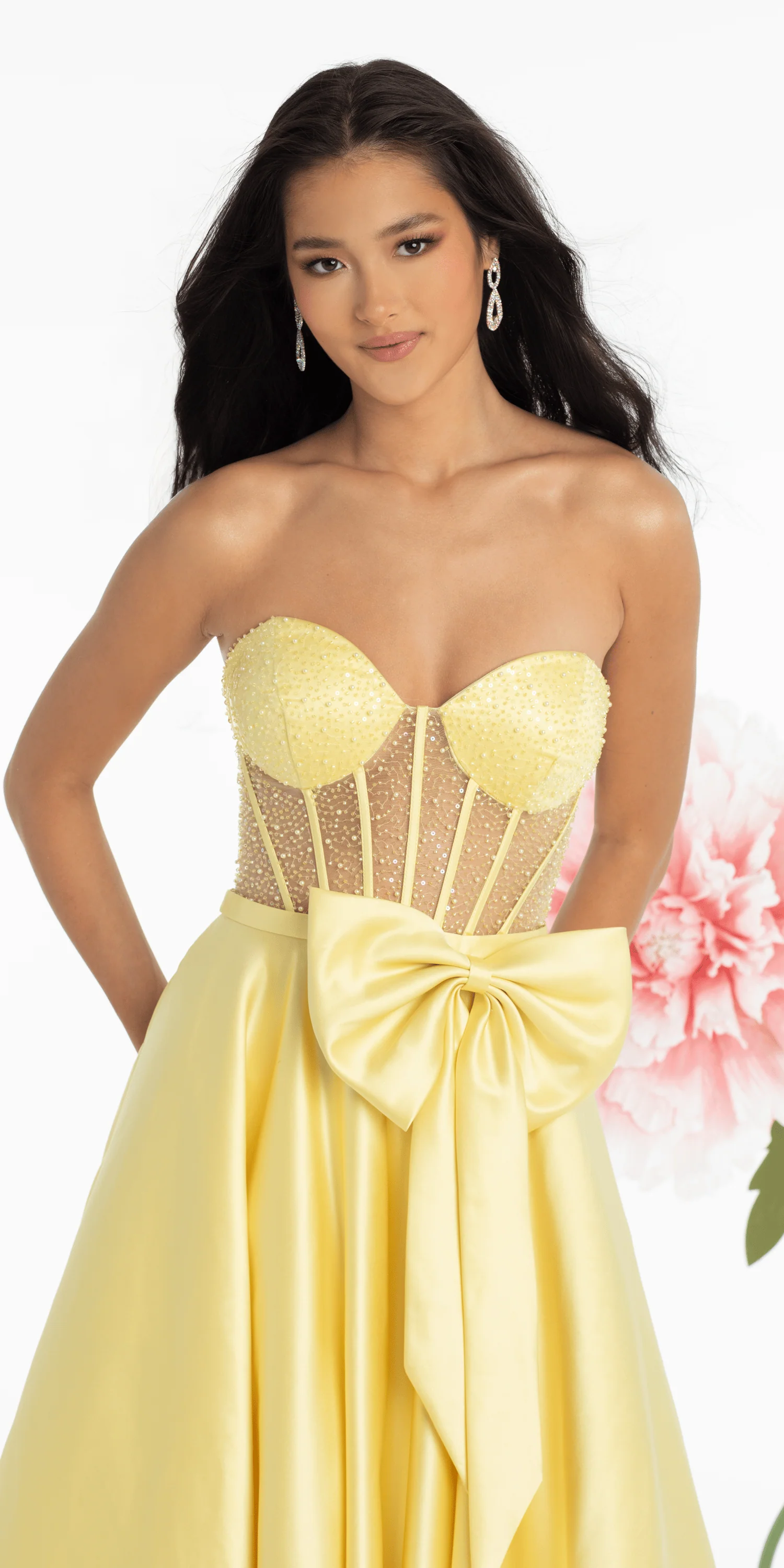 Satin Beaded Bow Corset Ballgown with Pockets - Image 2