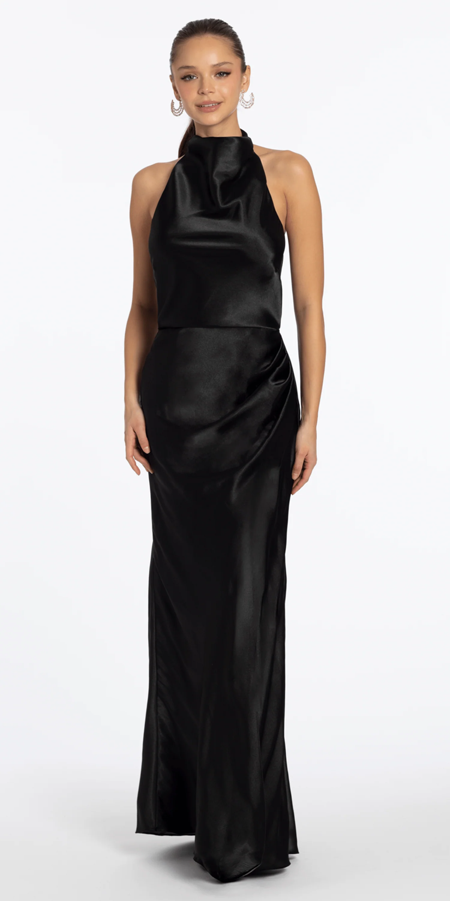 Satin Cowl Neck Halter Column Dress with Side Ruching