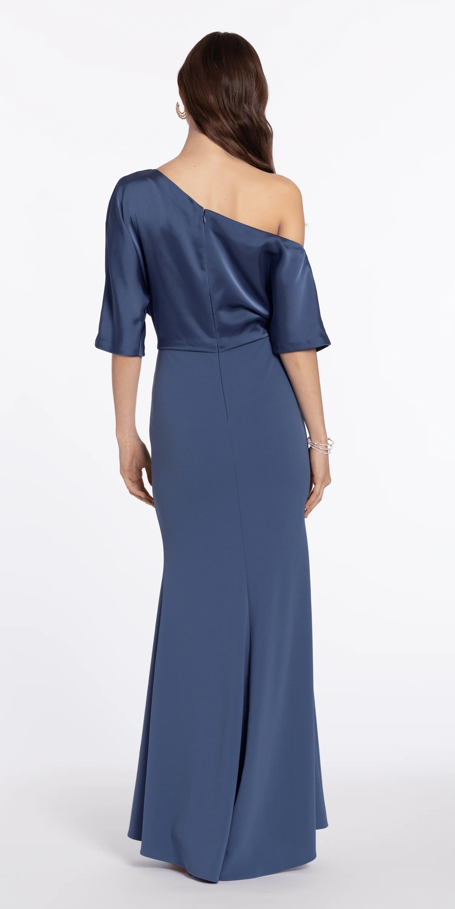 Satin Drape One Shoulder Short Sleeve Crepe Trumpet Dress - Image 3