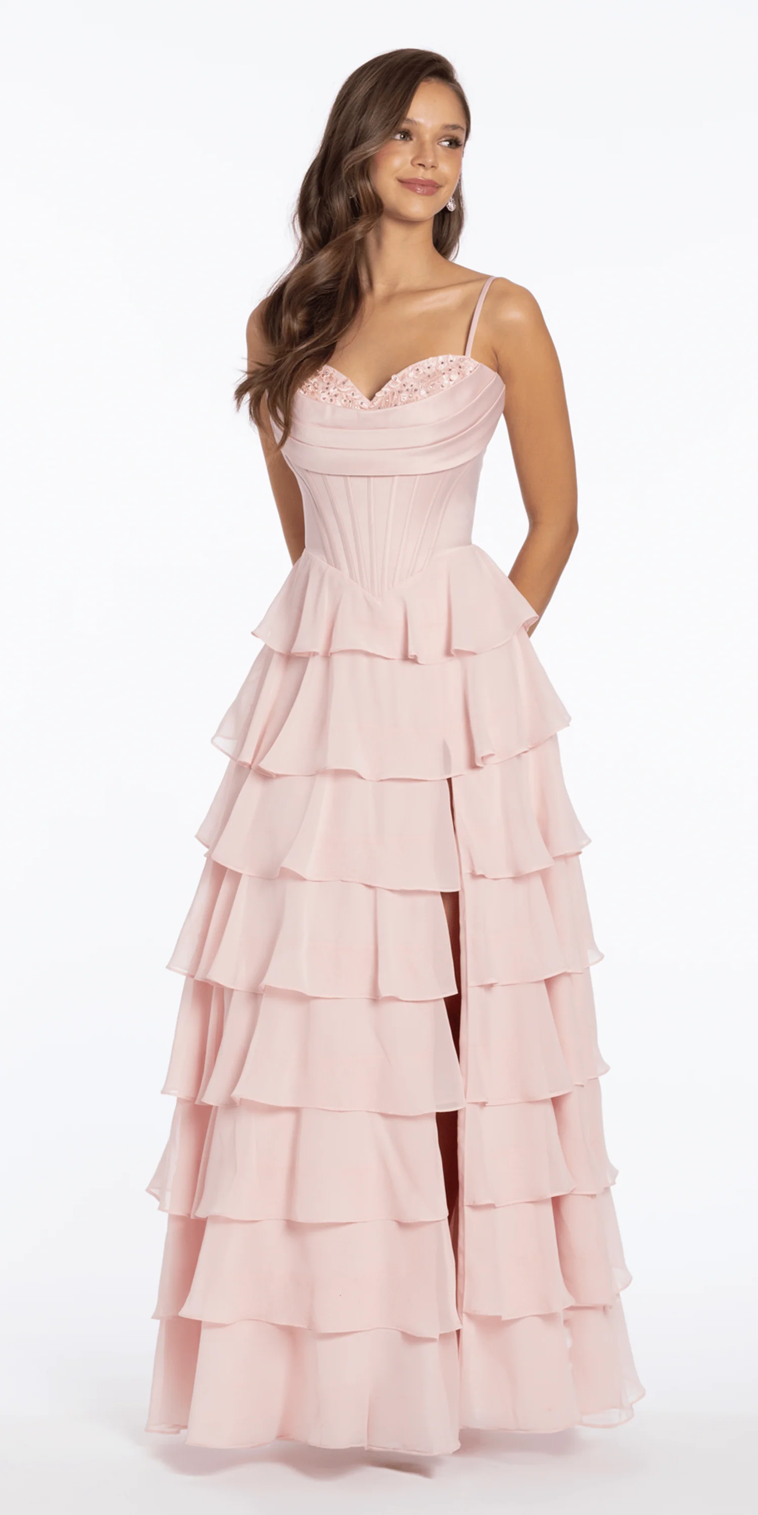Satin Embroidered Cowl Corset A Line Dress with Chiffon Tiers - Image 3