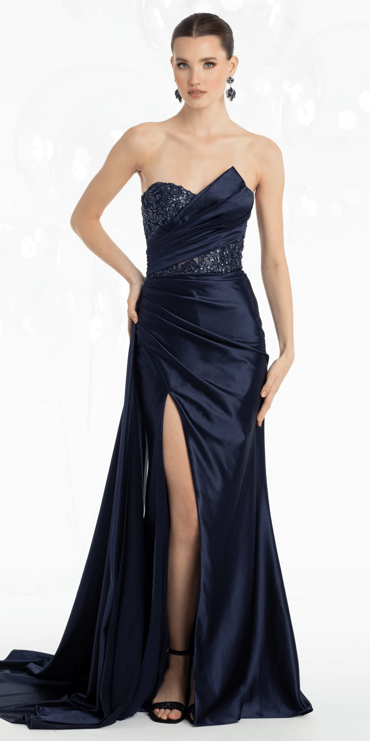 Satin Embroidered Strapless Column Dress with Side Drape
