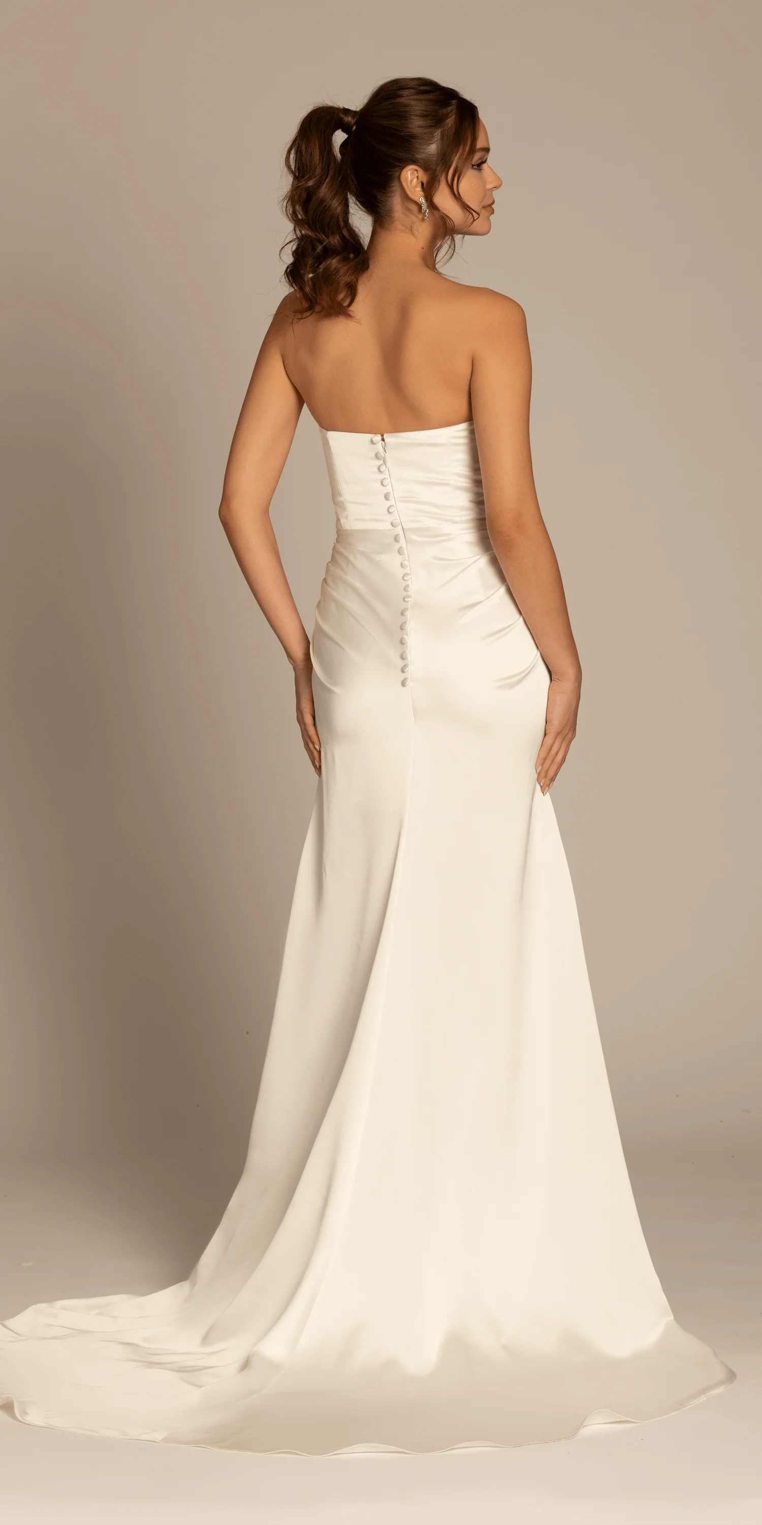 Satin Mock Wrap Pleated Column Dress with Chapel Train - Image 5