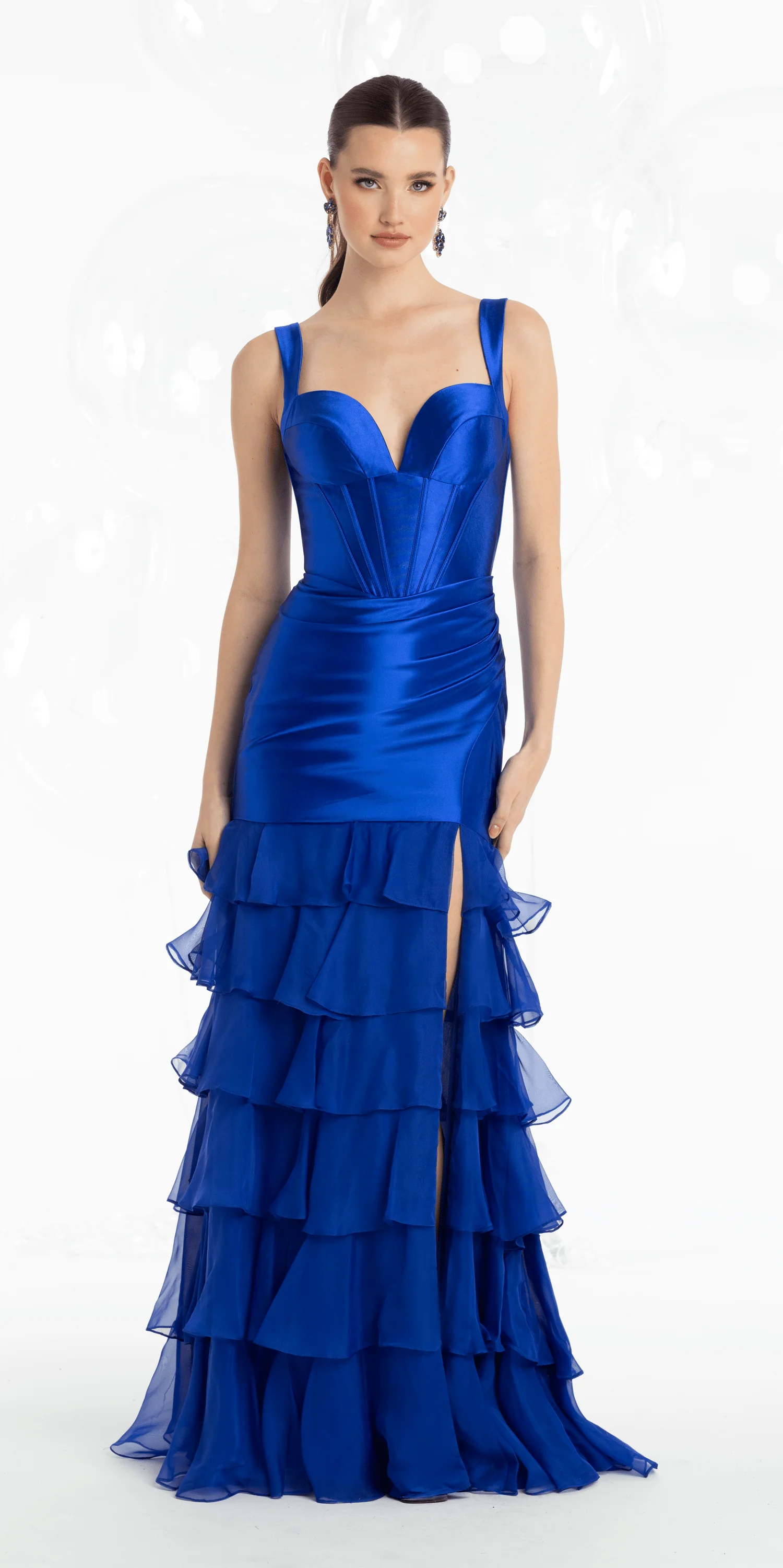 Satin Plunge Corset Mermaid Dress with Chiffon Tiers