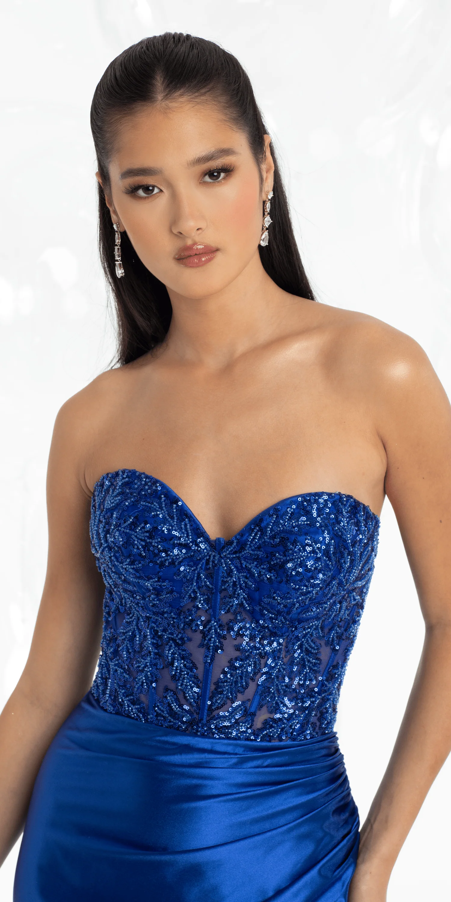 Satin Sequin Strapless Corset Dress with Side Slit - Image 2