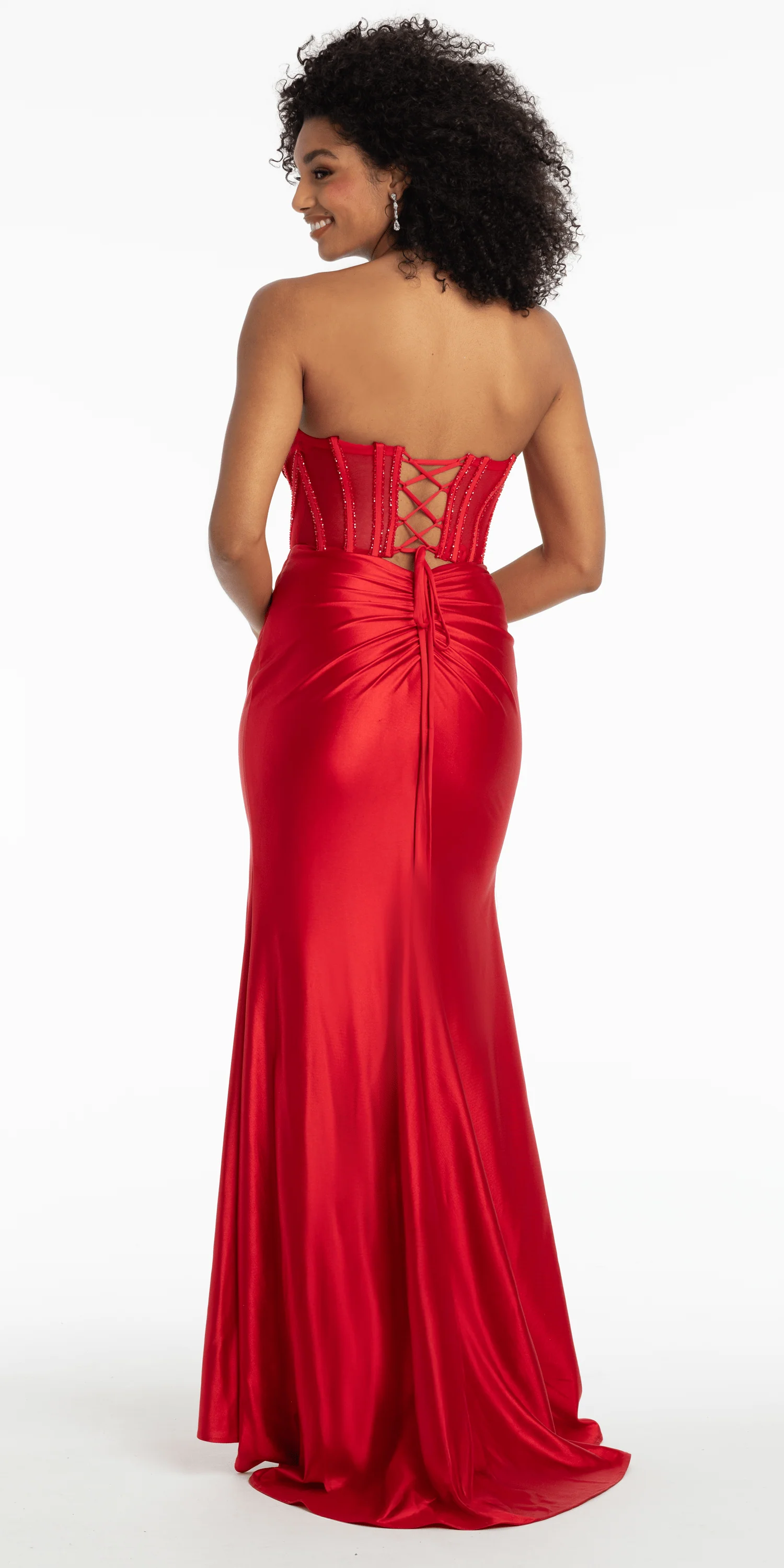 Satin Stone Encrusted Strapless Sweetheart Corset Column Dress with Side Ruching - Image 5