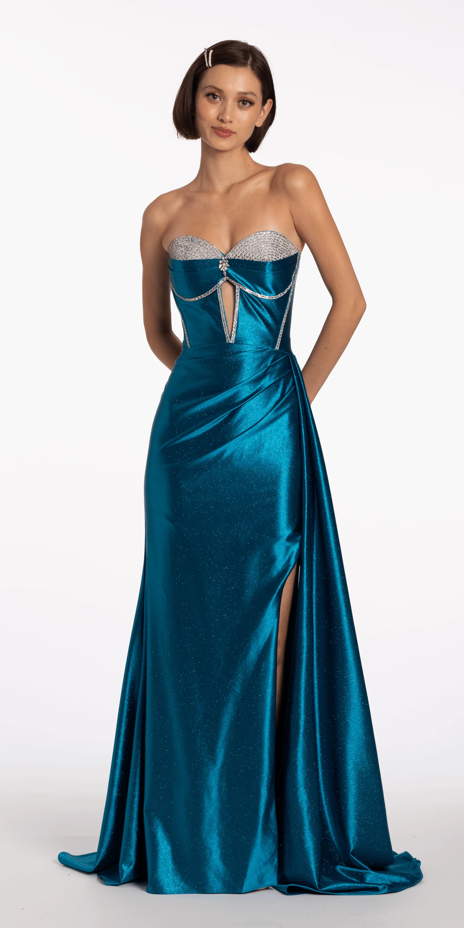 Satin Strapless Rhinestone A Line Dress with Peek-a-Boo Bodice - Image 4